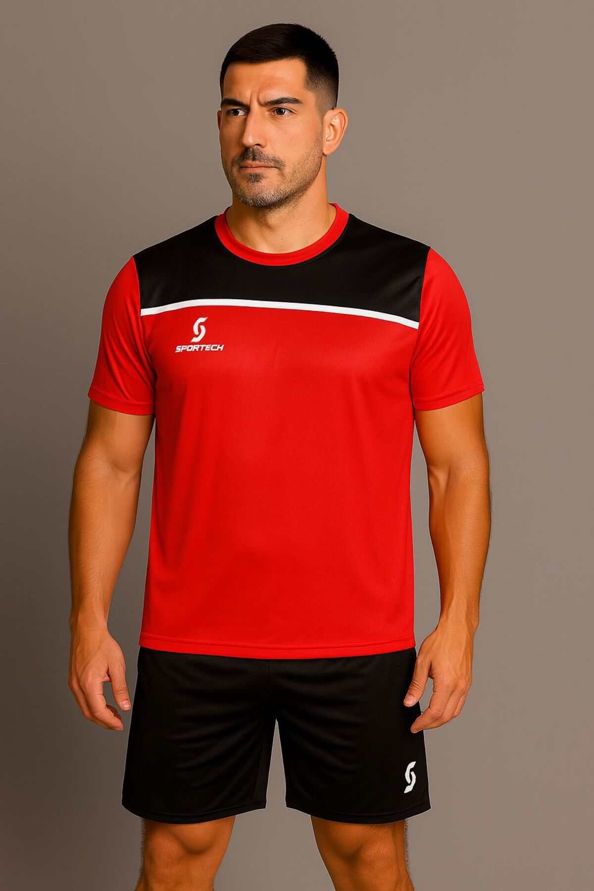 Sportech Kırmızı-Siyah Forma Takımı K0136 (Tek Kelime İsim Ve Numara Yazil