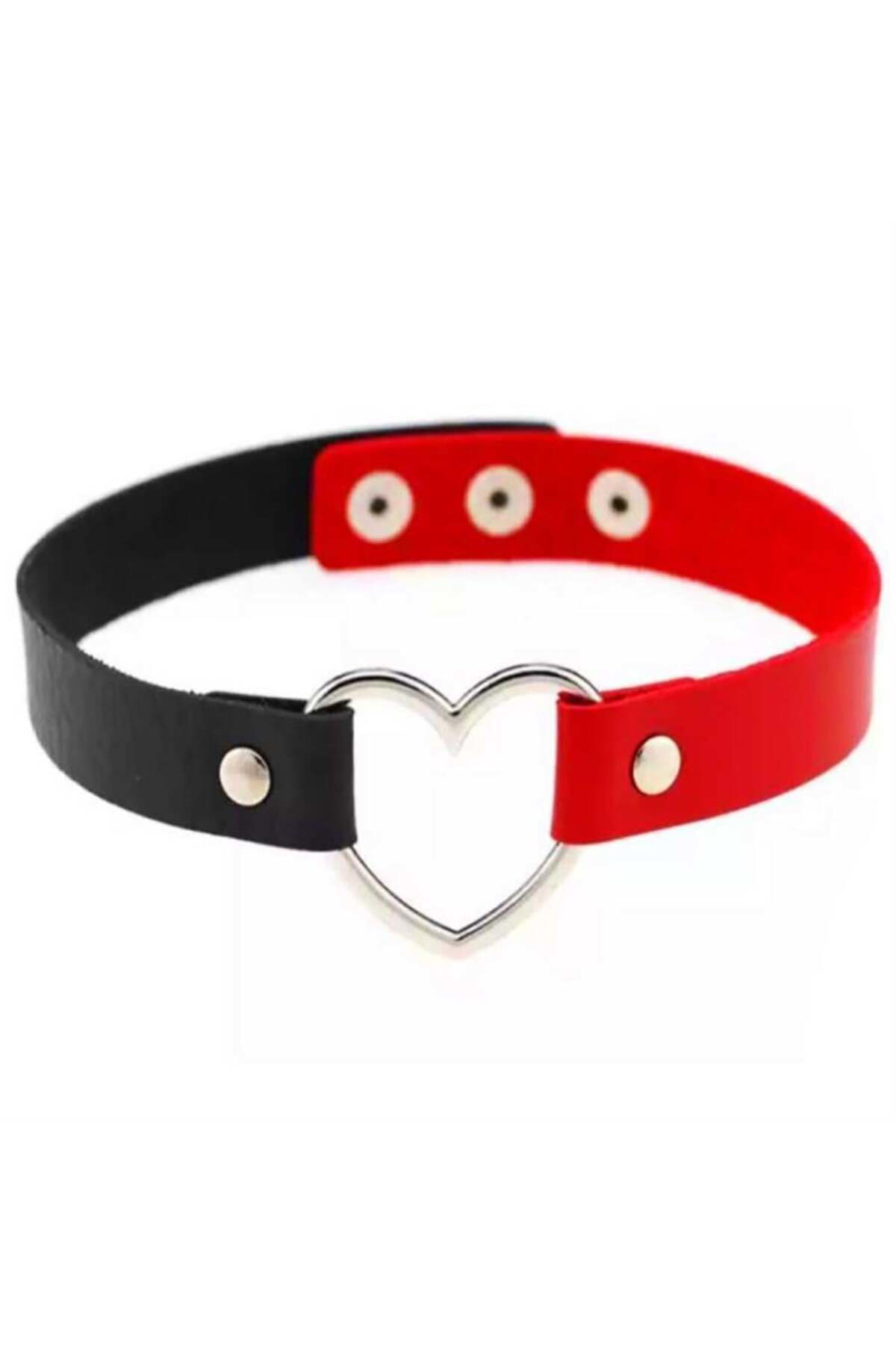 Kırmızı Siyah Kalpli Deri Tasma
