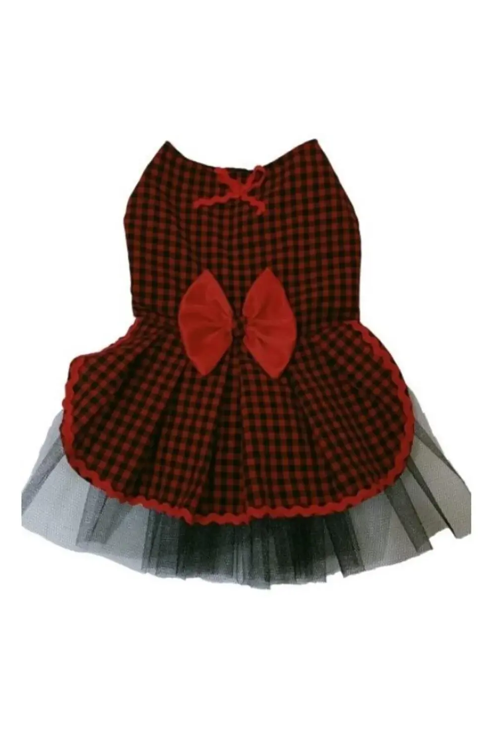 Kırmızı Siyah Kareli Papyonlu Dişi Kedi Köpek Kıyafeti Elbisesi