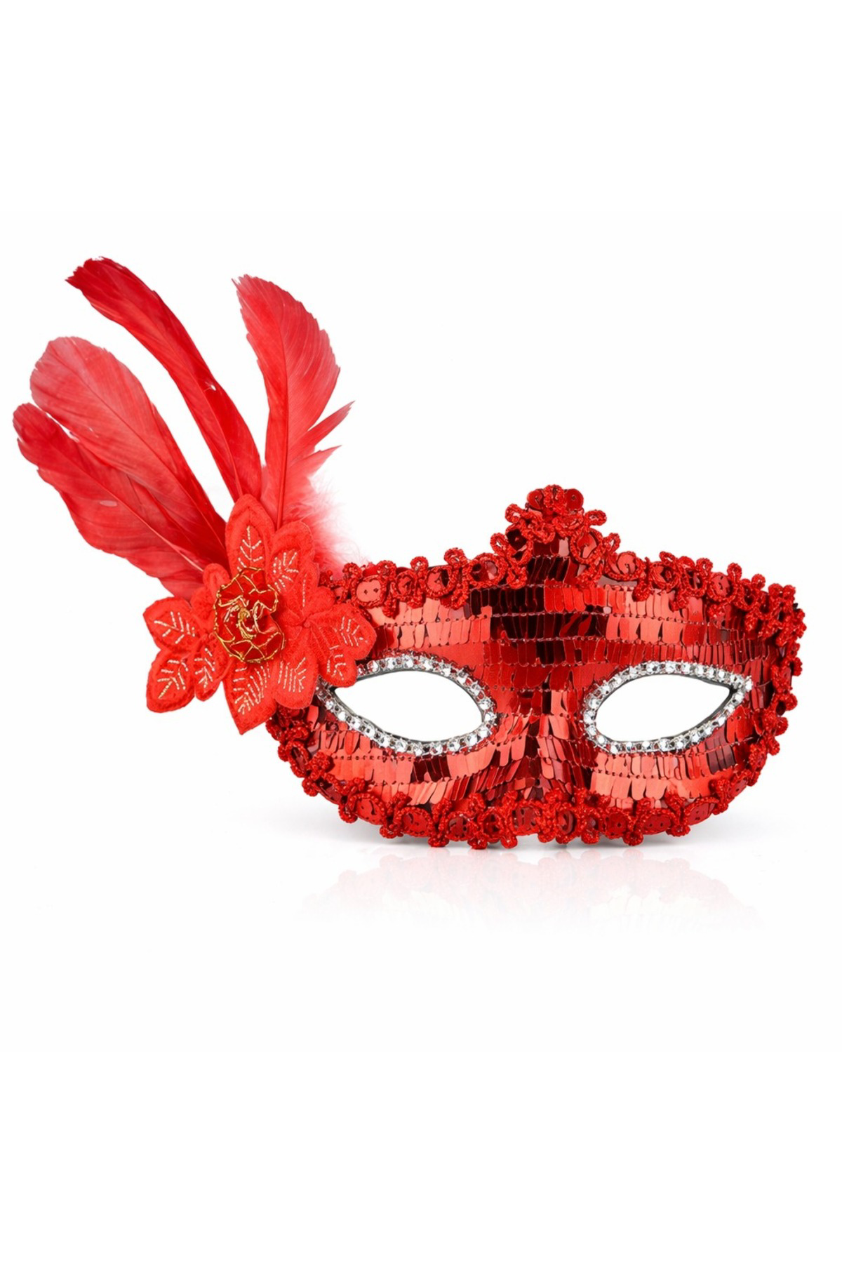 Kırmızı Tüylü Payetli Lüks Taşlı Parti Maskesi