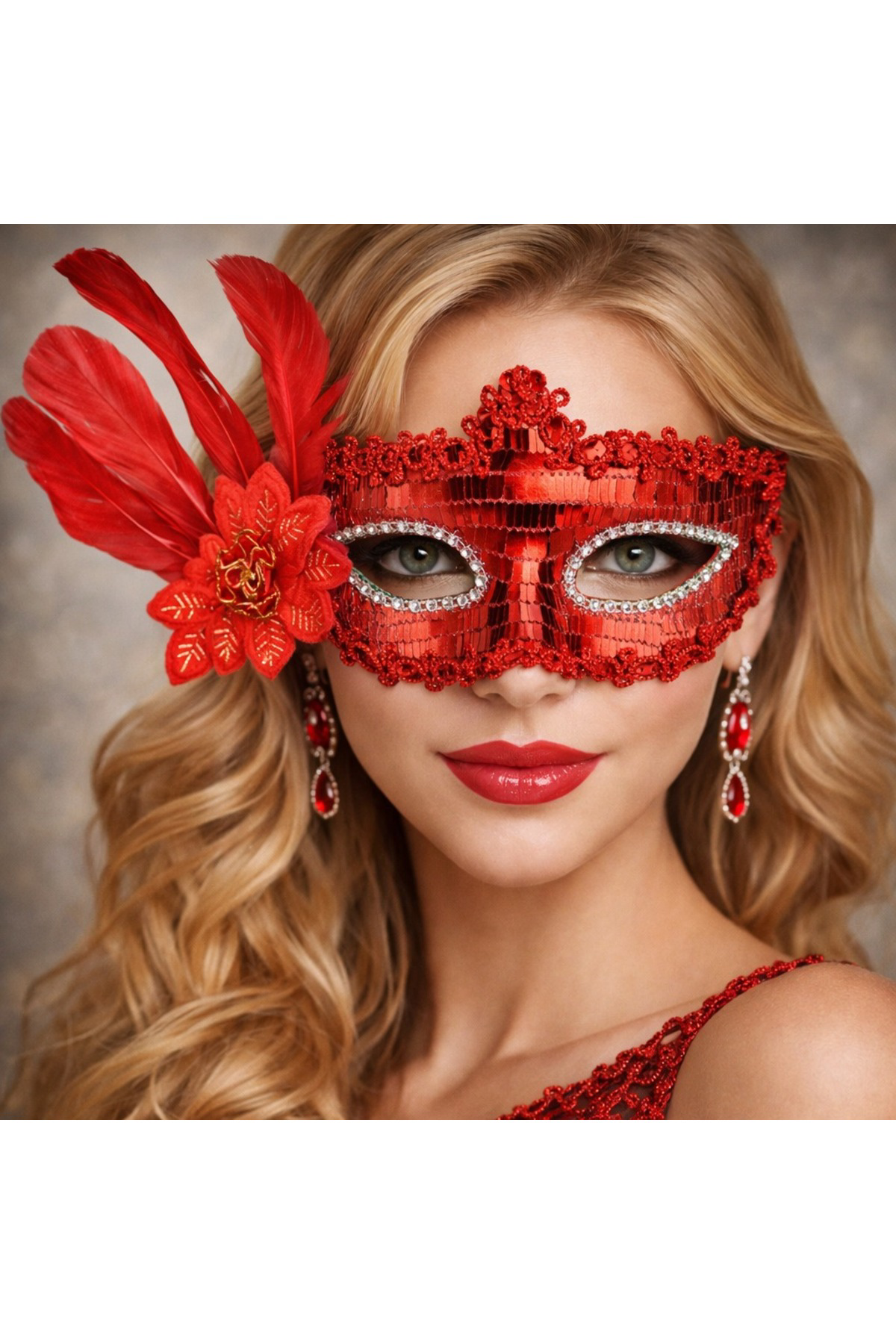 Kırmızı Tüylü Payetli Lüks Taşlı Parti Maskesi