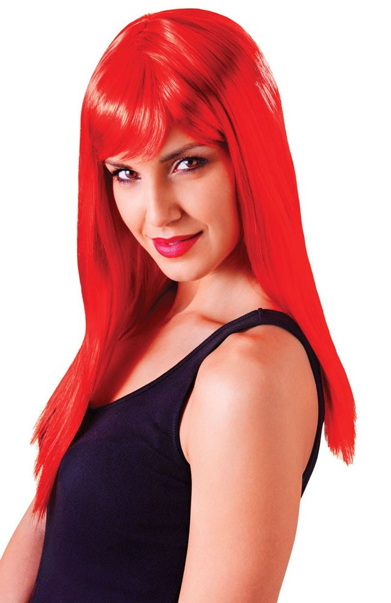 Kırmızı Uzun Düz Parti Peruğu - 60 cm Takma Saç, Yetişkinler İçin