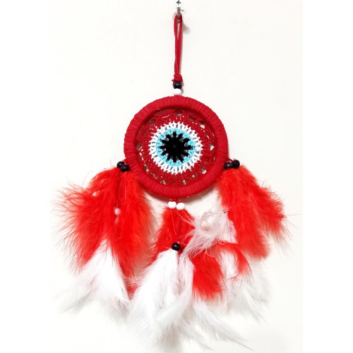 Kırmızı Ve Beyaz Kuş Tüylü Dream Catcher El Yapımı Mini Duvar Süs