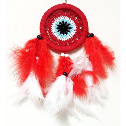 Kırmızı Ve Beyaz Kuş Tüylü Dream Catcher El Yapımı Mini Duvar Süs