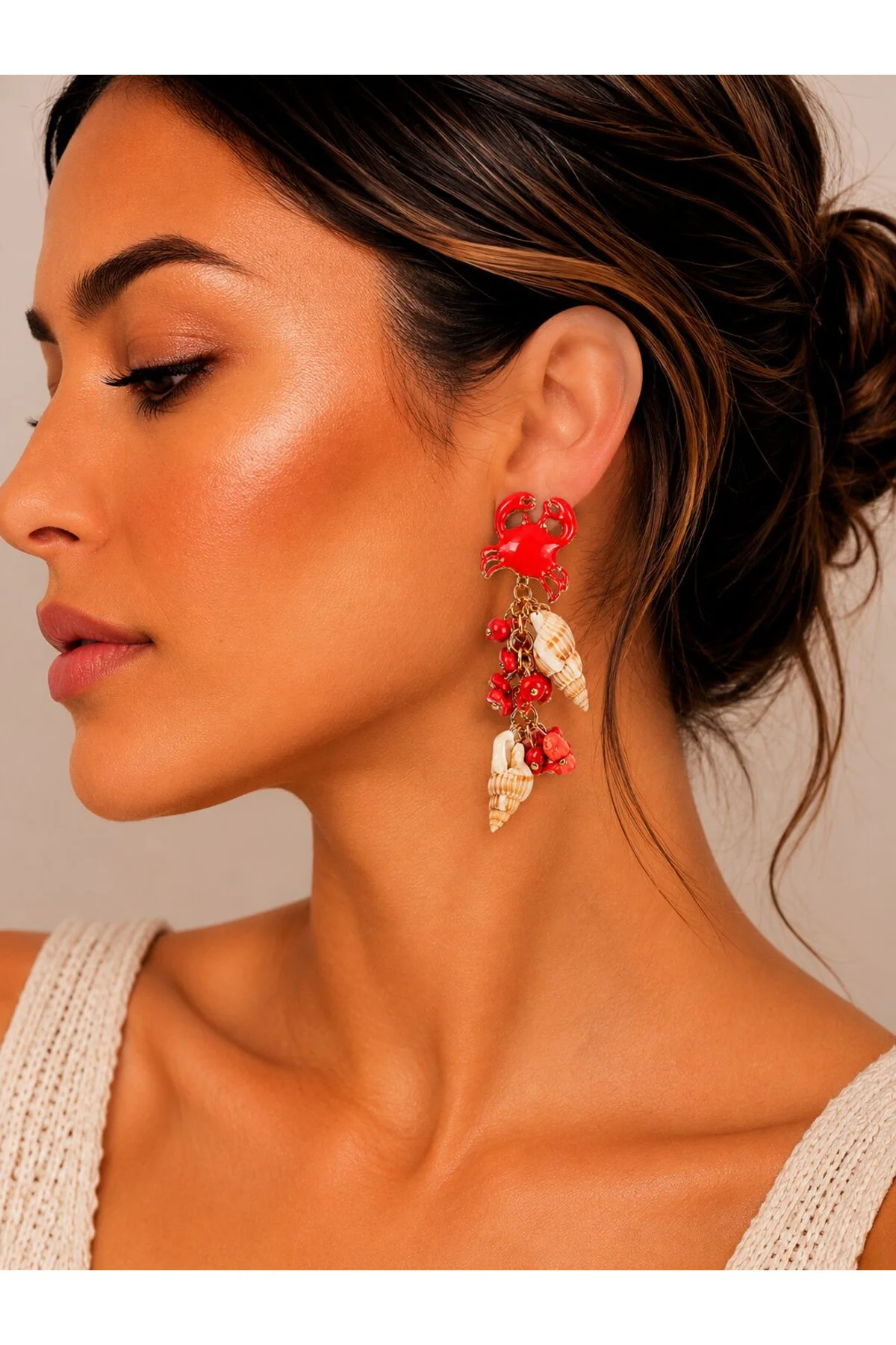 Kırmızı Yengeç Model Deniz Kabuğu Detaylı Kadın Küpe