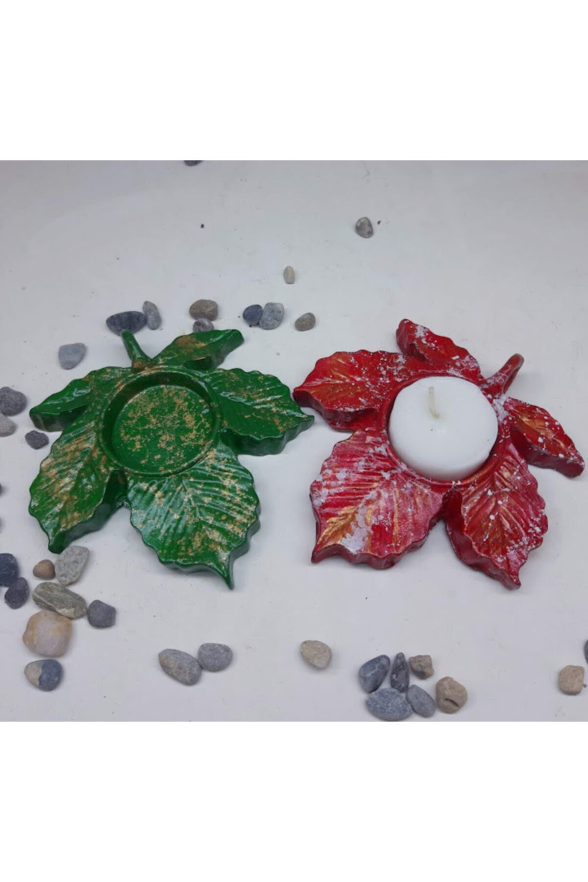 Dodemert Home Kirmizi-Yeşil Yaprak Beton Mumluk 2 Li