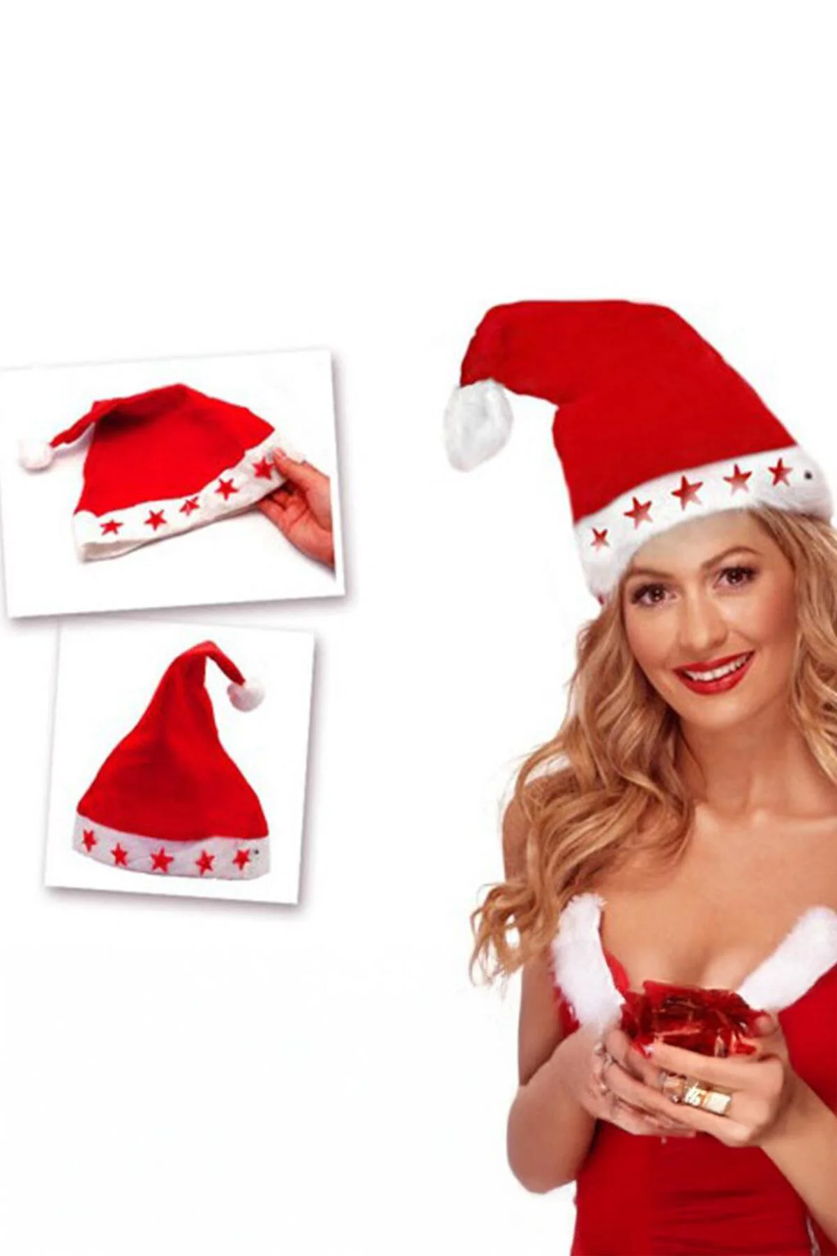 Kırmızı Yılbaşı Işıklı Noel Baba Şapkası