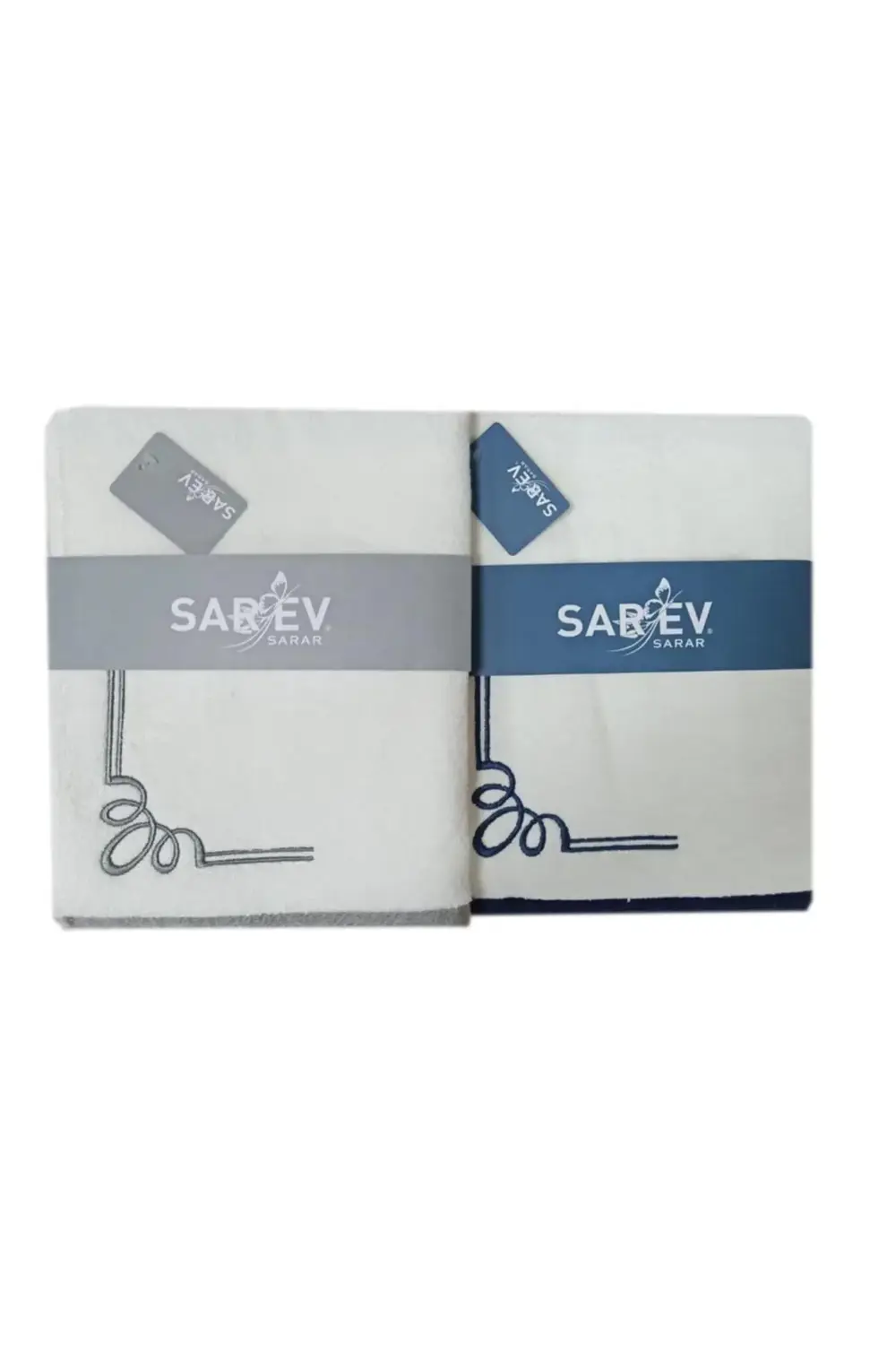 Sarev Kiros Nakılı Havlu 2 Adet Gri-Lacivert)