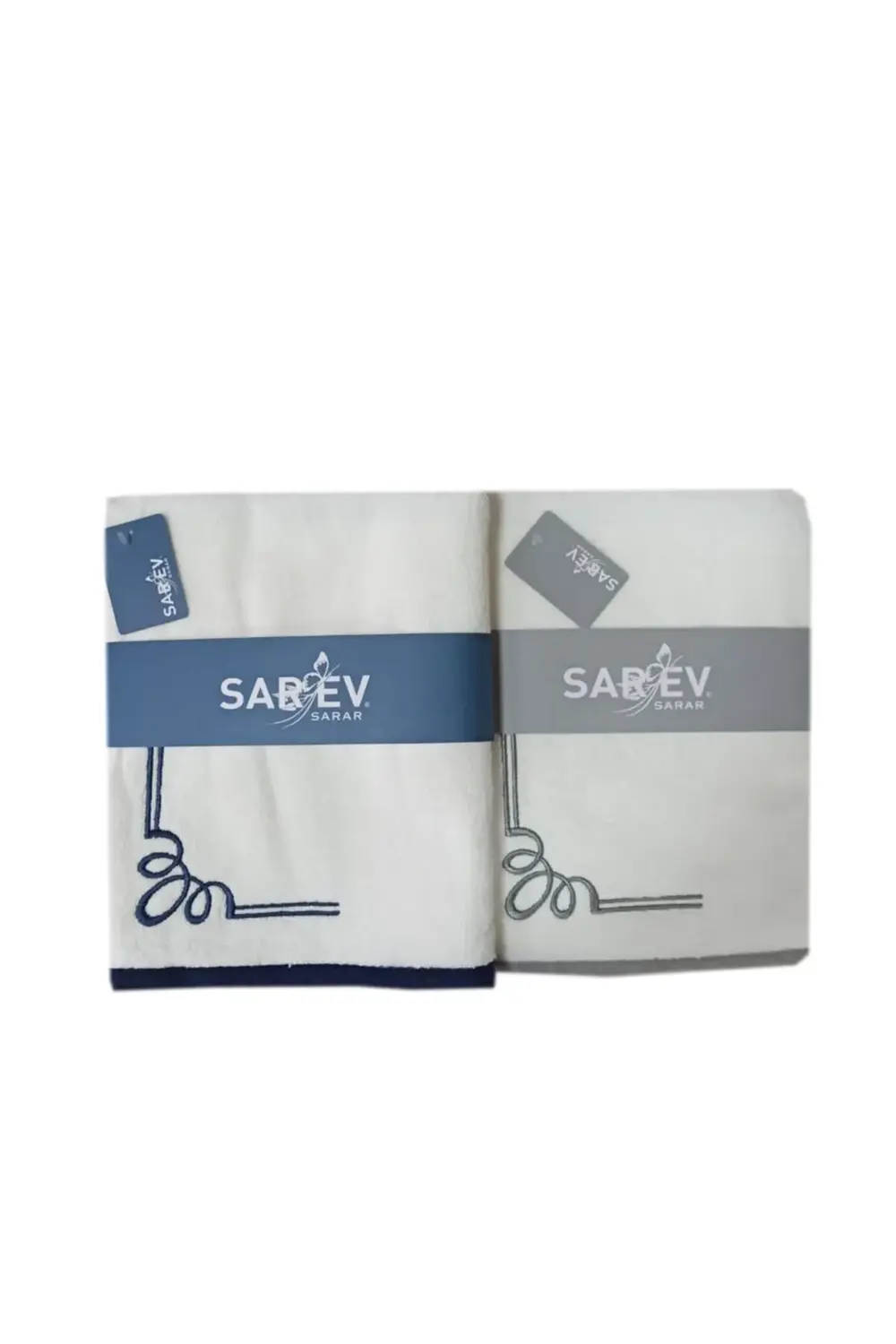 Sarev Kiros Nakılı Havlu 2 Adet Gri-Lacivert)