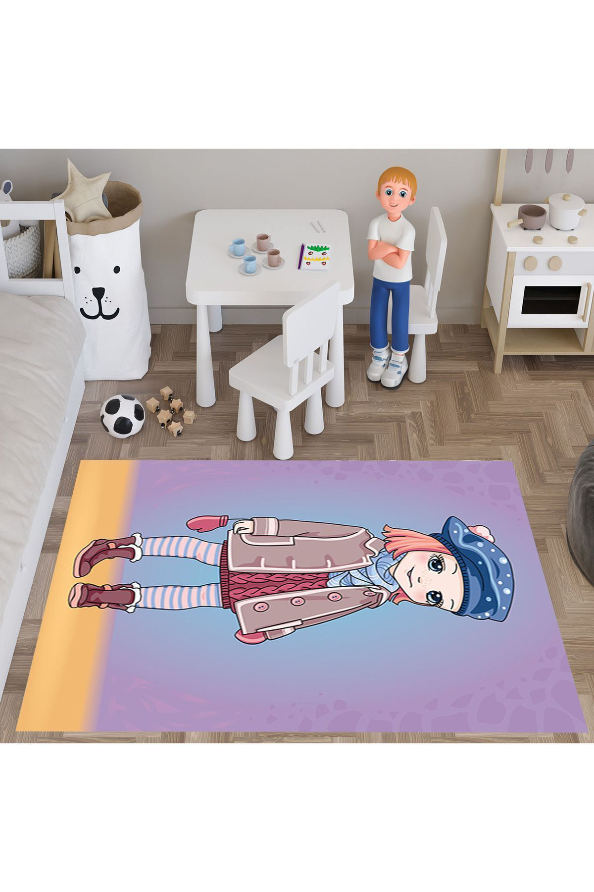 Evan Home Kiş Kizi Desenli Çocuk Odasi Takim Perde (İki Kanat),Yatak Örtüsü,Yastik,Kirlent ,Hali,Tablo
