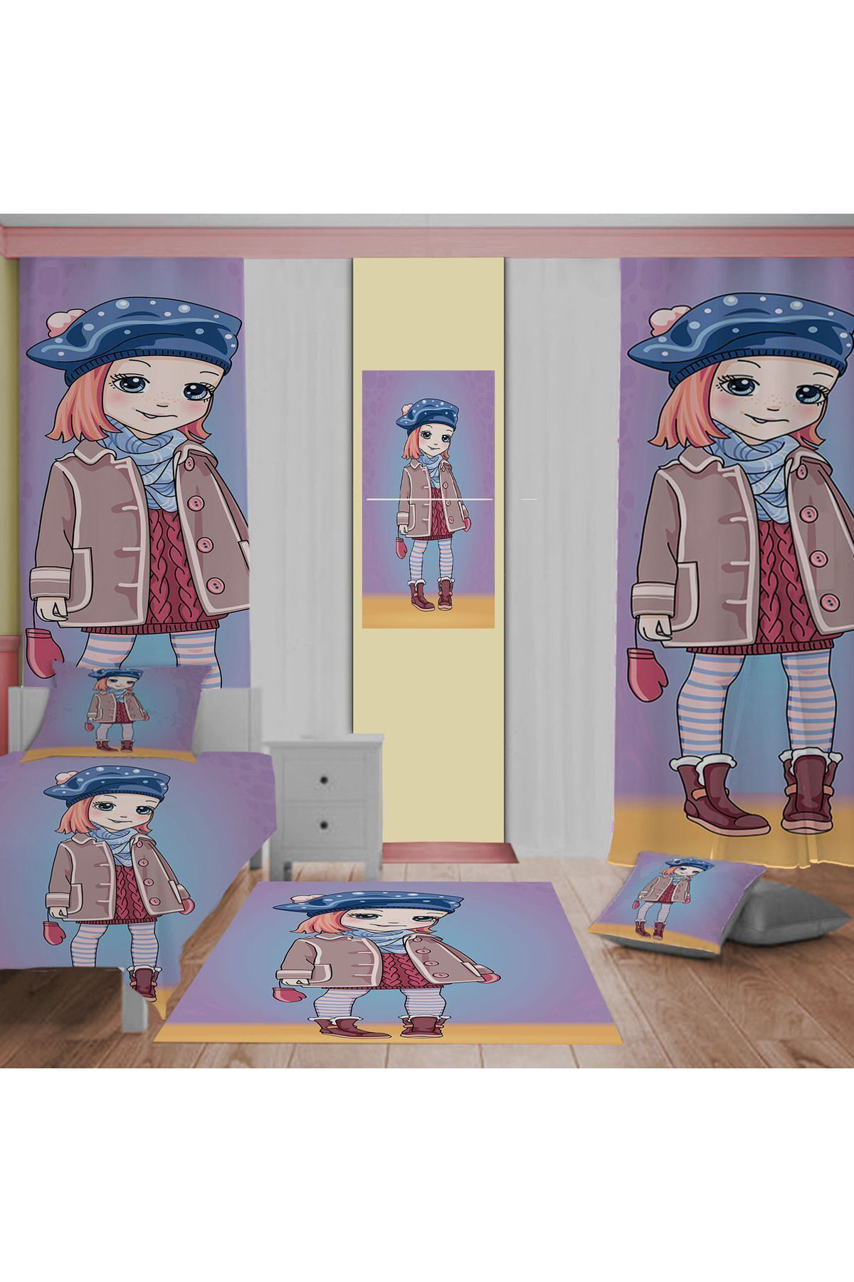 Evan Home Kiş Kizi Desenli Çocuk Odasi Takim Perde (İki Kanat),Yatak Örtüsü,Yastik,Kirlent ,Hali,Tablo