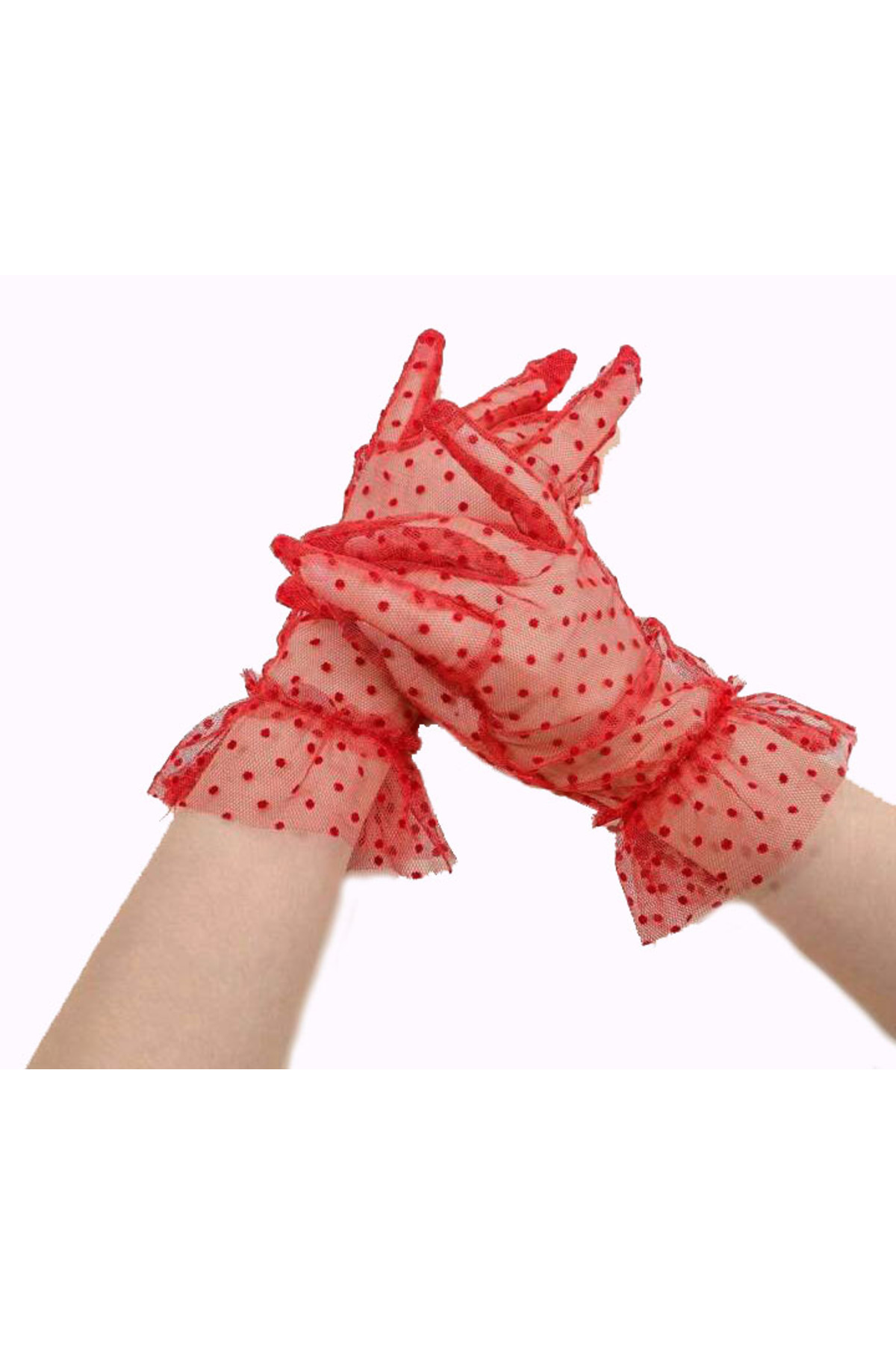 Ok Aksesuar Kısa Boy Güpürlü Kırmızı Puantiyeli Tül Eldiven Kırmızı Renk Go50