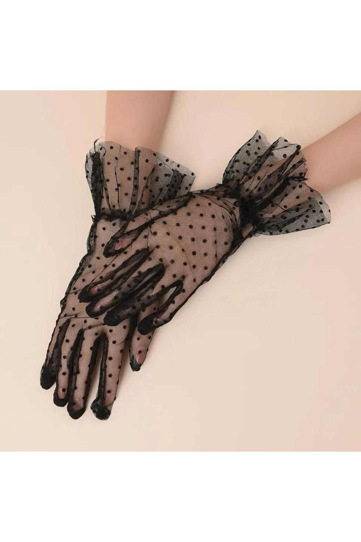 Ok Aksesuar Kısa Boy Güpürlü Siyah Puantiyeli Tül Eldiven Siyah Renk Go506089