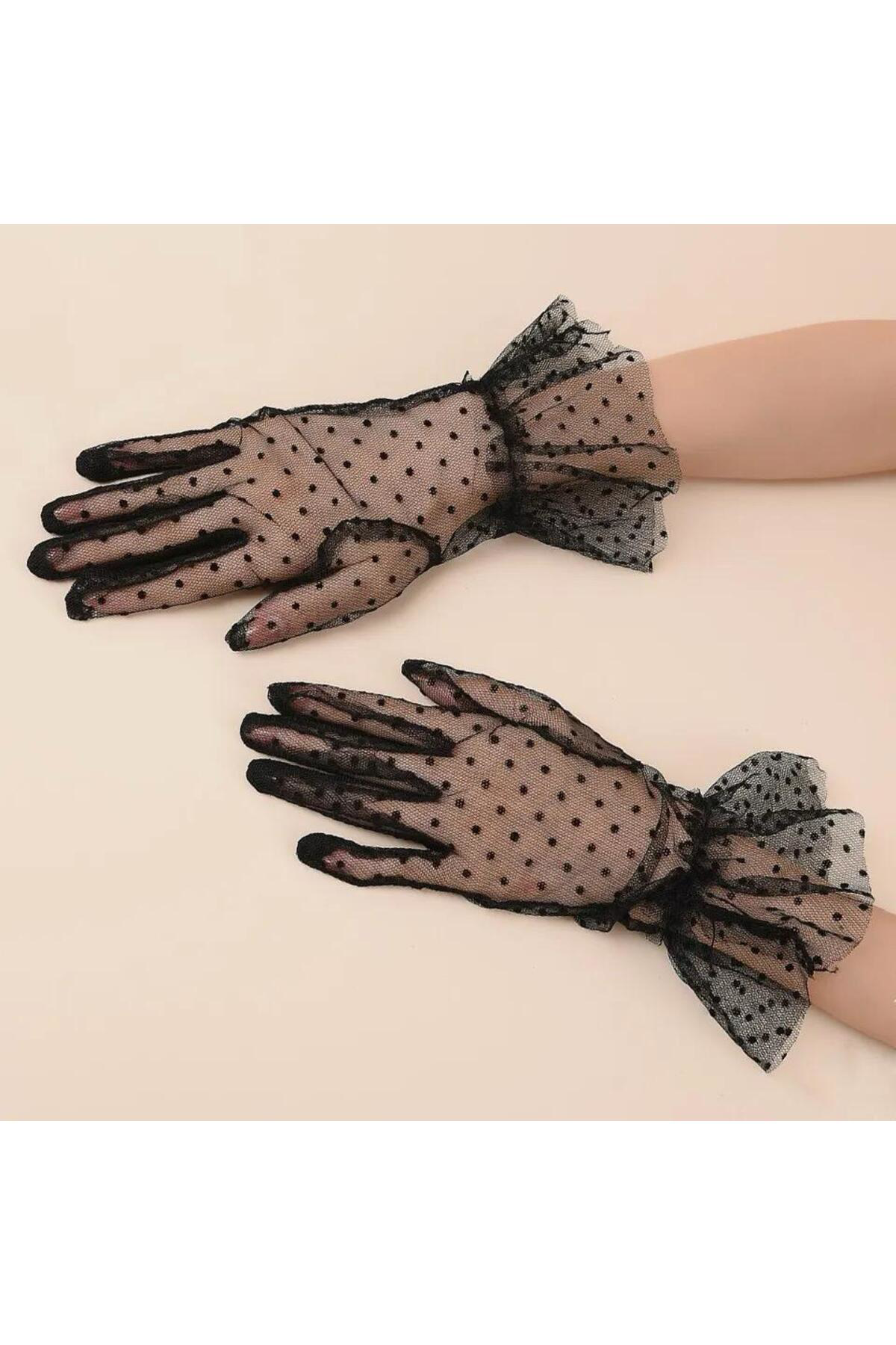 Ok Aksesuar Kısa Boy Güpürlü Siyah Puantiyeli Tül Eldiven Siyah Renk Go506089