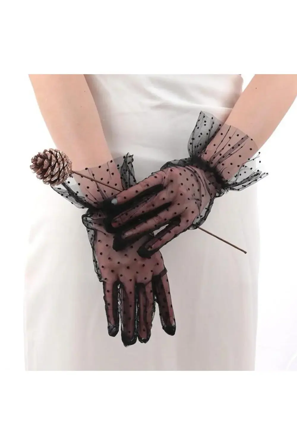 Kısa Boy Güpürlü Siyah Puantiyeli Tül Eldiven Siyah Renk GO506089