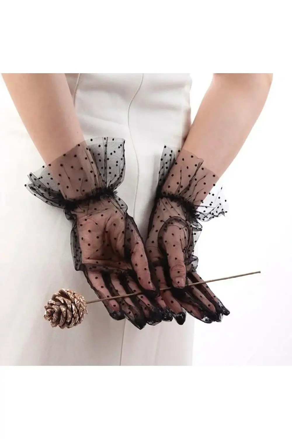 Kısa Boy Güpürlü Siyah Puantiyeli Tül Eldiven Siyah Renk GO506089