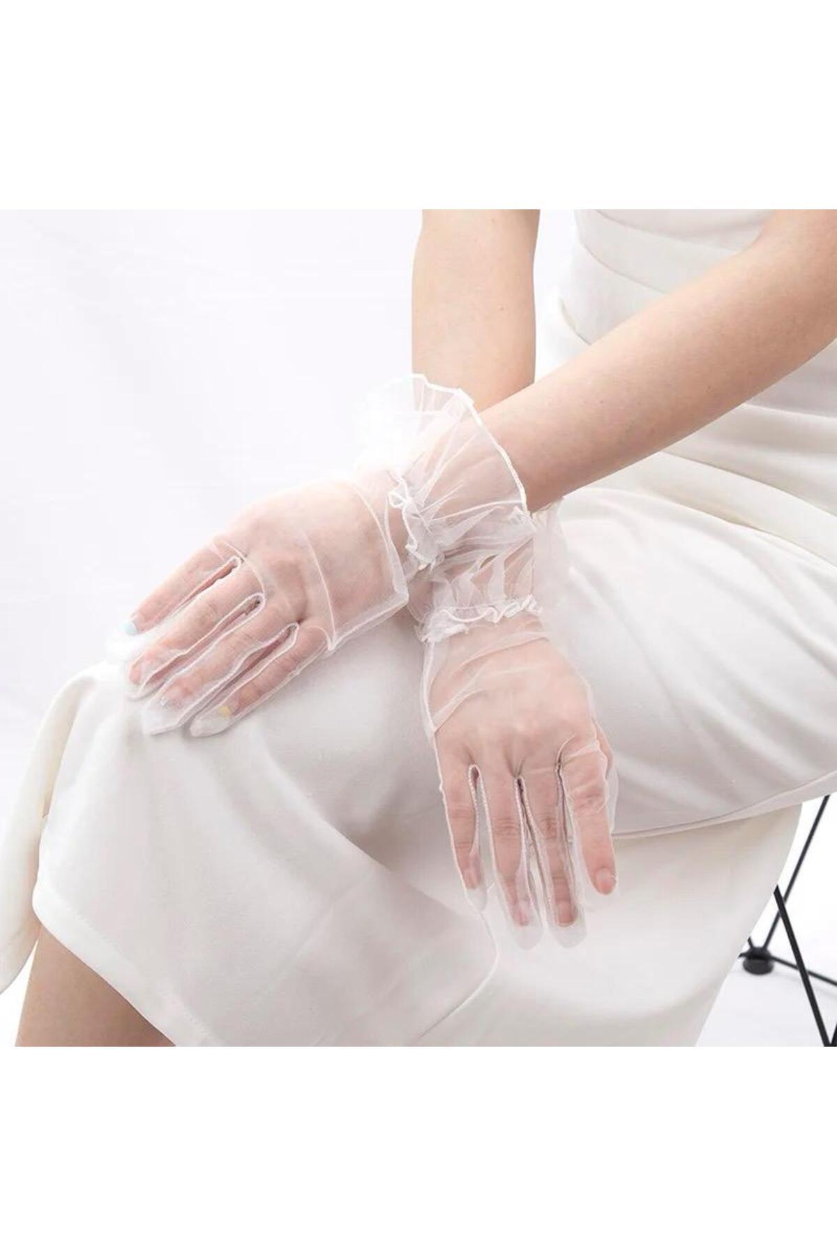 Ok Aksesuar Kısa Boy Likralı Güpürlü Yetişkin Tül Eldiven Beyaz Renk Go506089