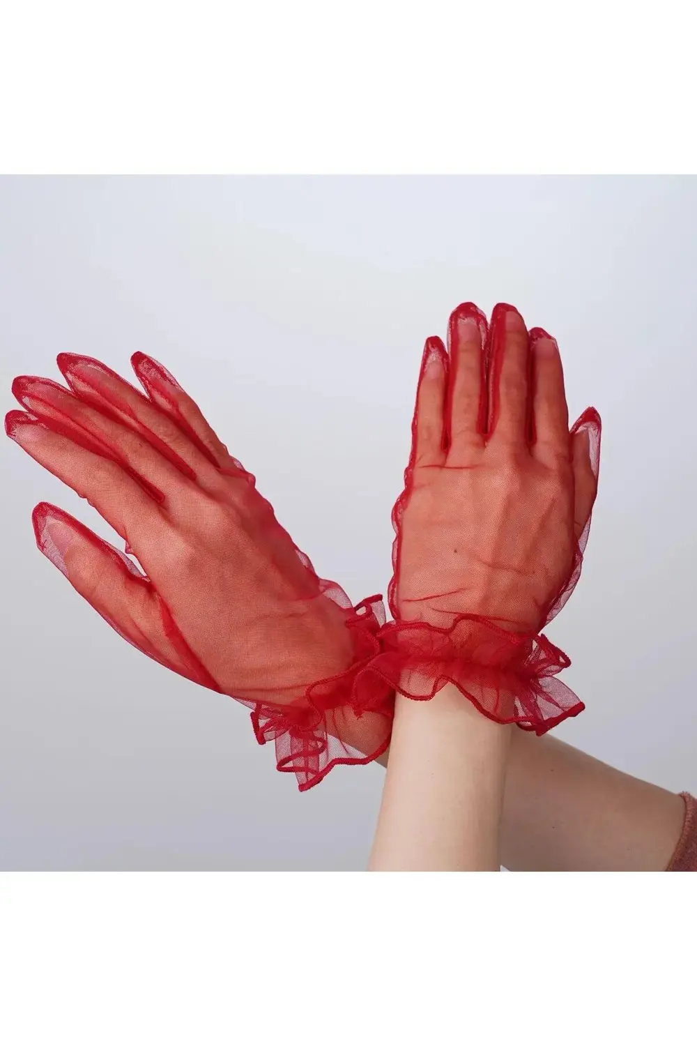 Kısa Boy Likralı Güpürlü Yetişkin Tül Eldiven Kırmızı Renk GO5060