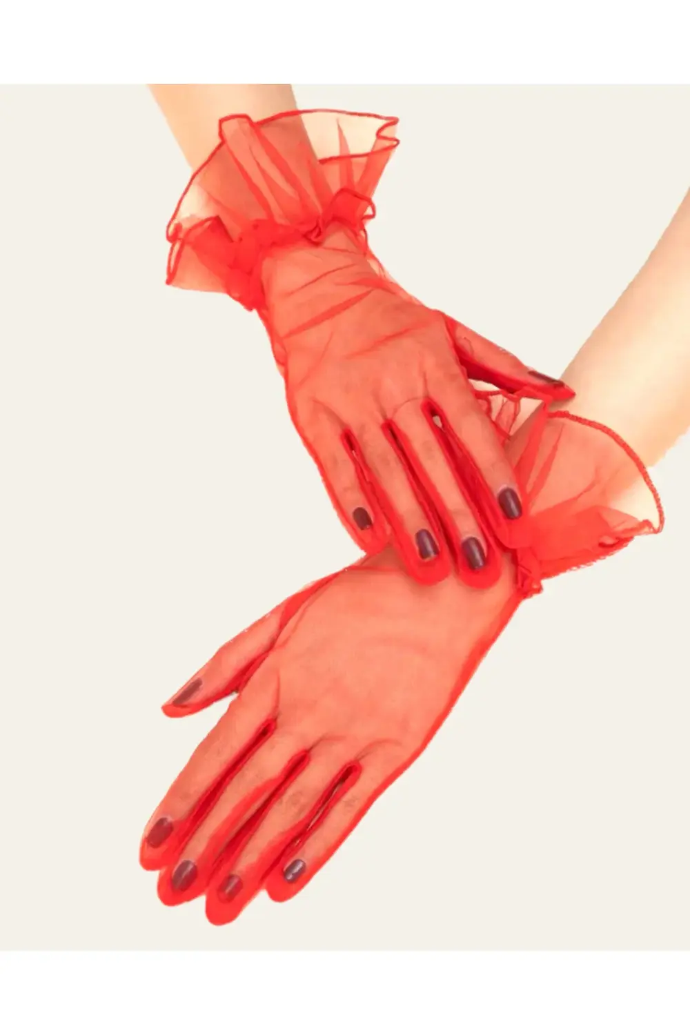 Kısa Boy Likralı Güpürlü Yetişkin Tül Eldiven Kırmızı Renk GO5060