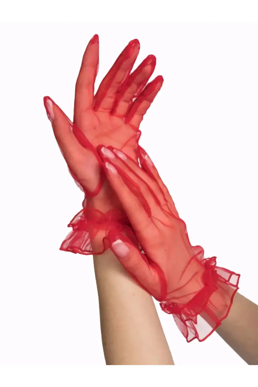 Kısa Boy Likralı Güpürlü Yetişkin Tül Eldiven Kırmızı Renk GO5060