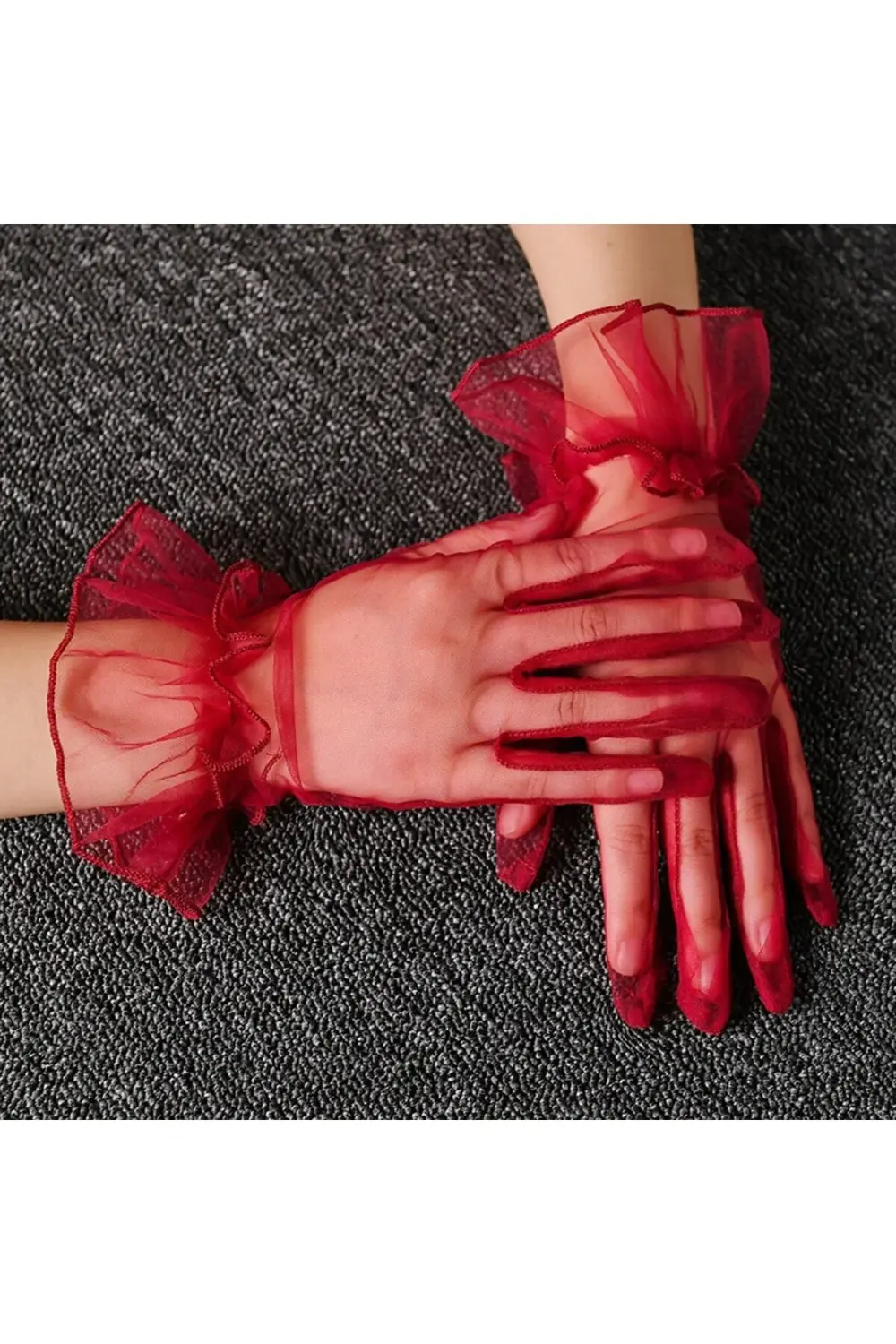 Kısa Boy Likralı Güpürlü Yetişkin Tül Eldiven Kırmızı Renk GO5060