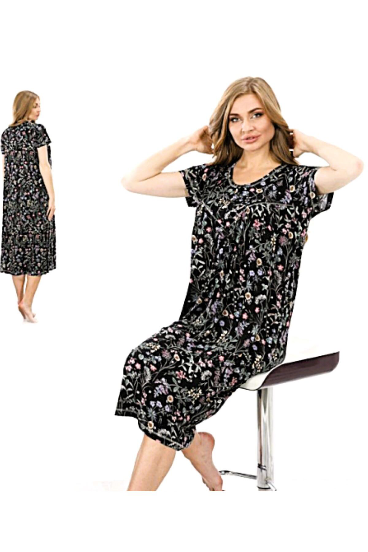 Etoile Kısa Kol Bambu Kadın Gecelik Siyah