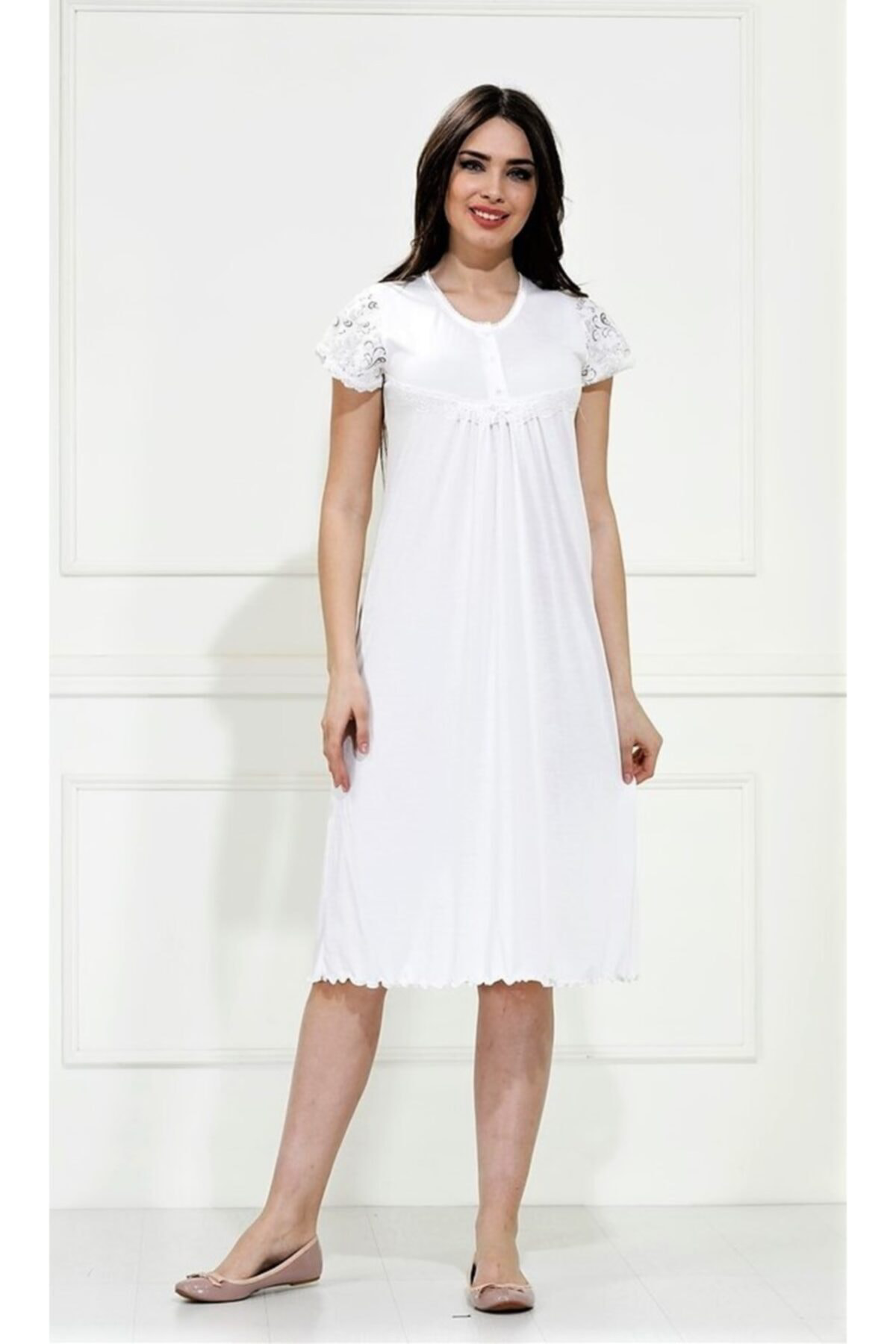 Etoile Kısa Kol Bambu Gecelik Ekru