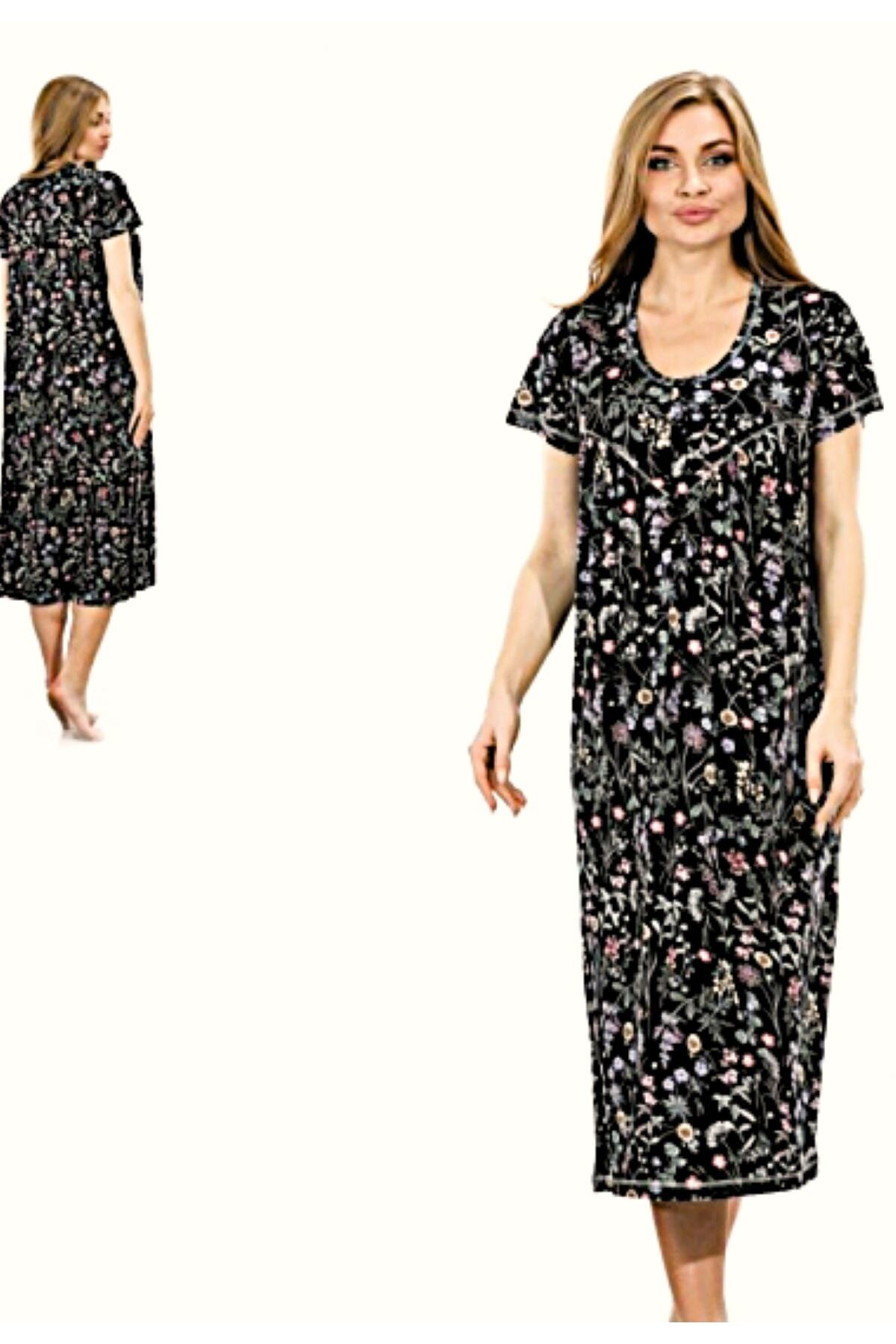 Etoile Kısa Kol Bambu Kadın Gecelik Siyah