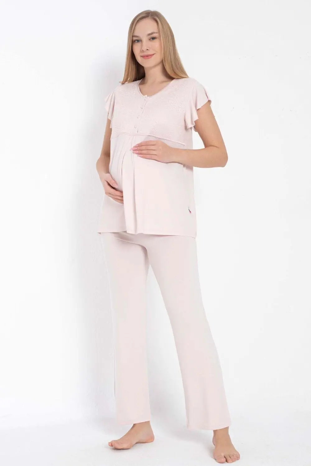 Miravm Kısa Kol Bisiklet Yaka Kadın Viskon Dantel Detaylı Hamile Pijama