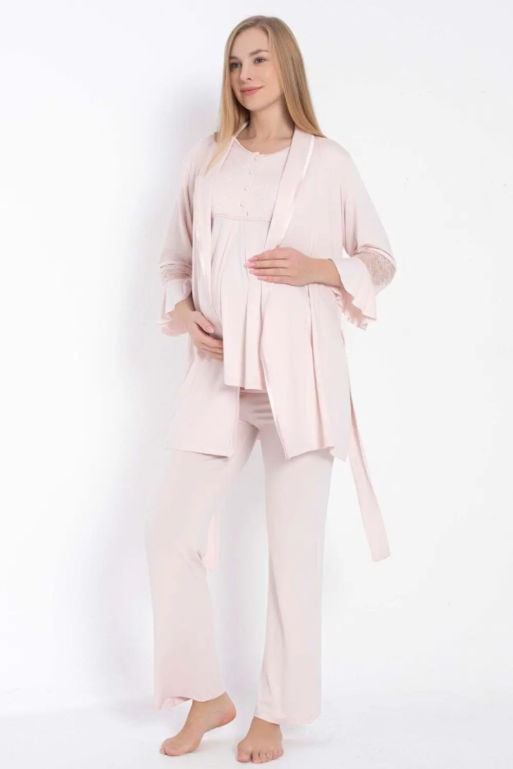 Miravm Kısa Kol Bisiklet Yaka Kadın Viskon Dantel Detaylı Hamile Pijama