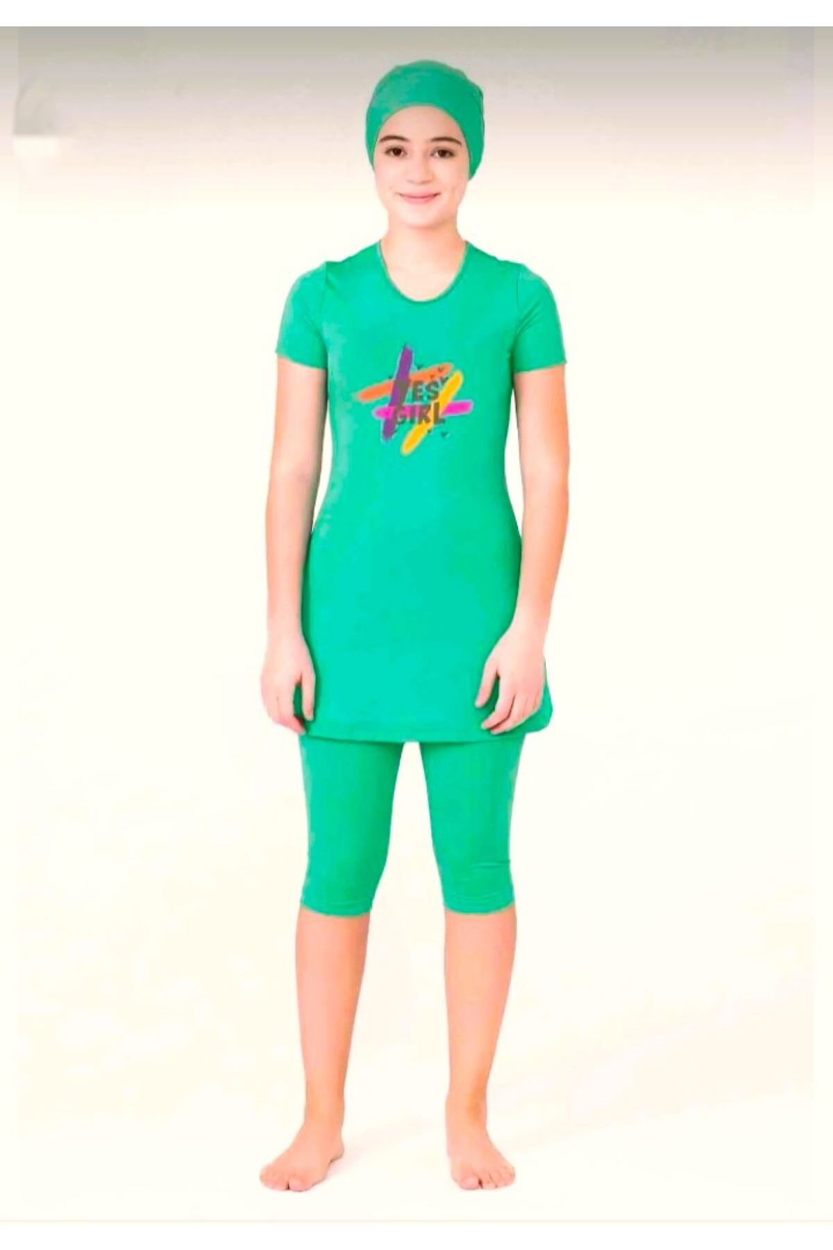 Adasea Kısa Kol Diz Altı Taytlı Garson Boy Havuz Mayo Yeşil