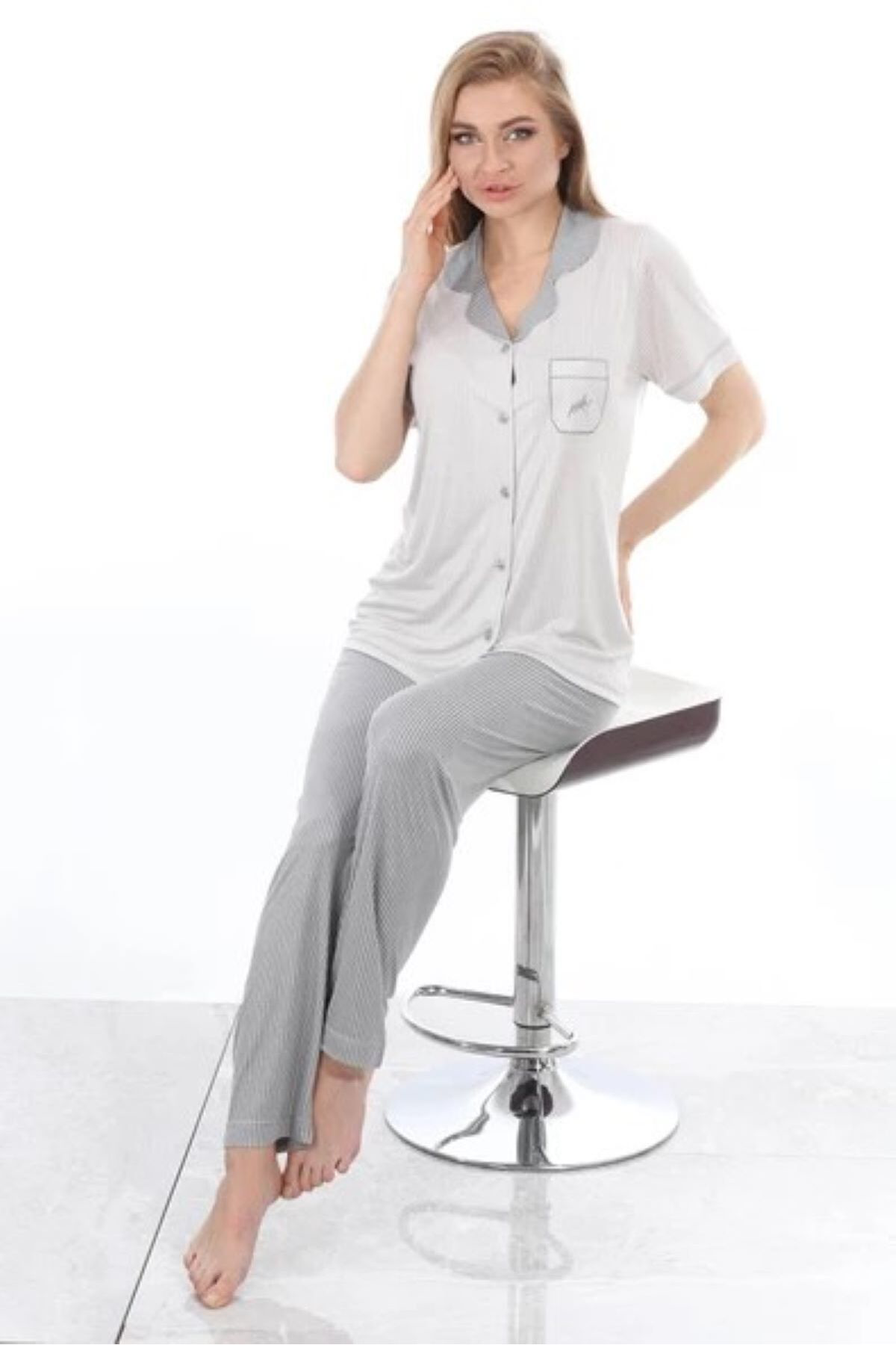 Kısa Kol Düğmeli Bambu Kadın Pijama Takımı