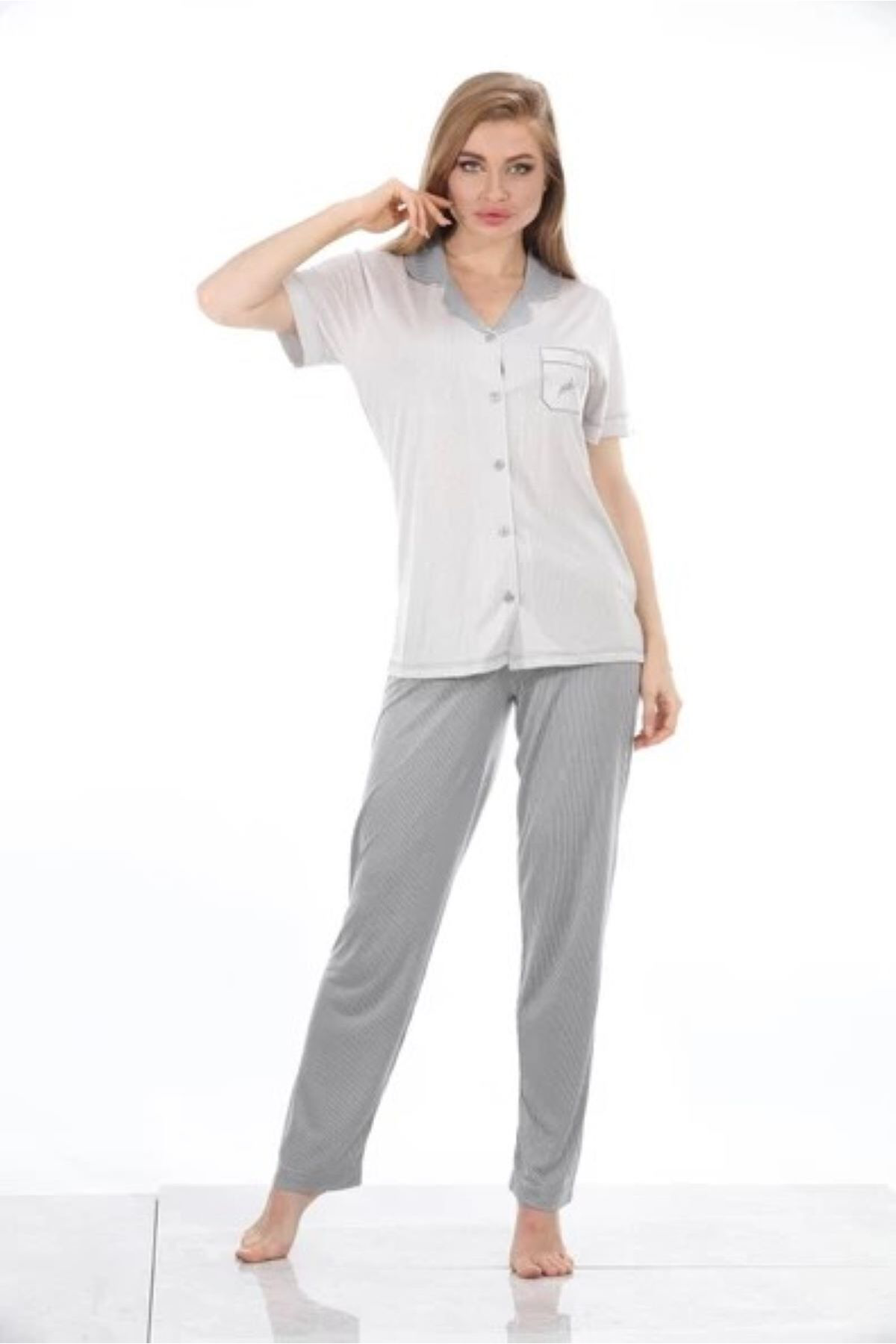 Kısa Kol Düğmeli Bambu Kadın Pijama Takımı