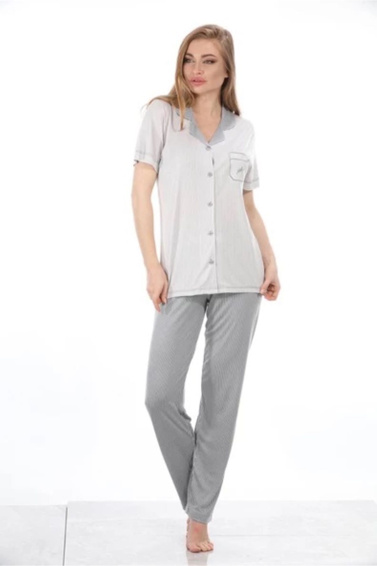 Kısa Kol Düğmeli Bambu Kadın Pijama Takımı