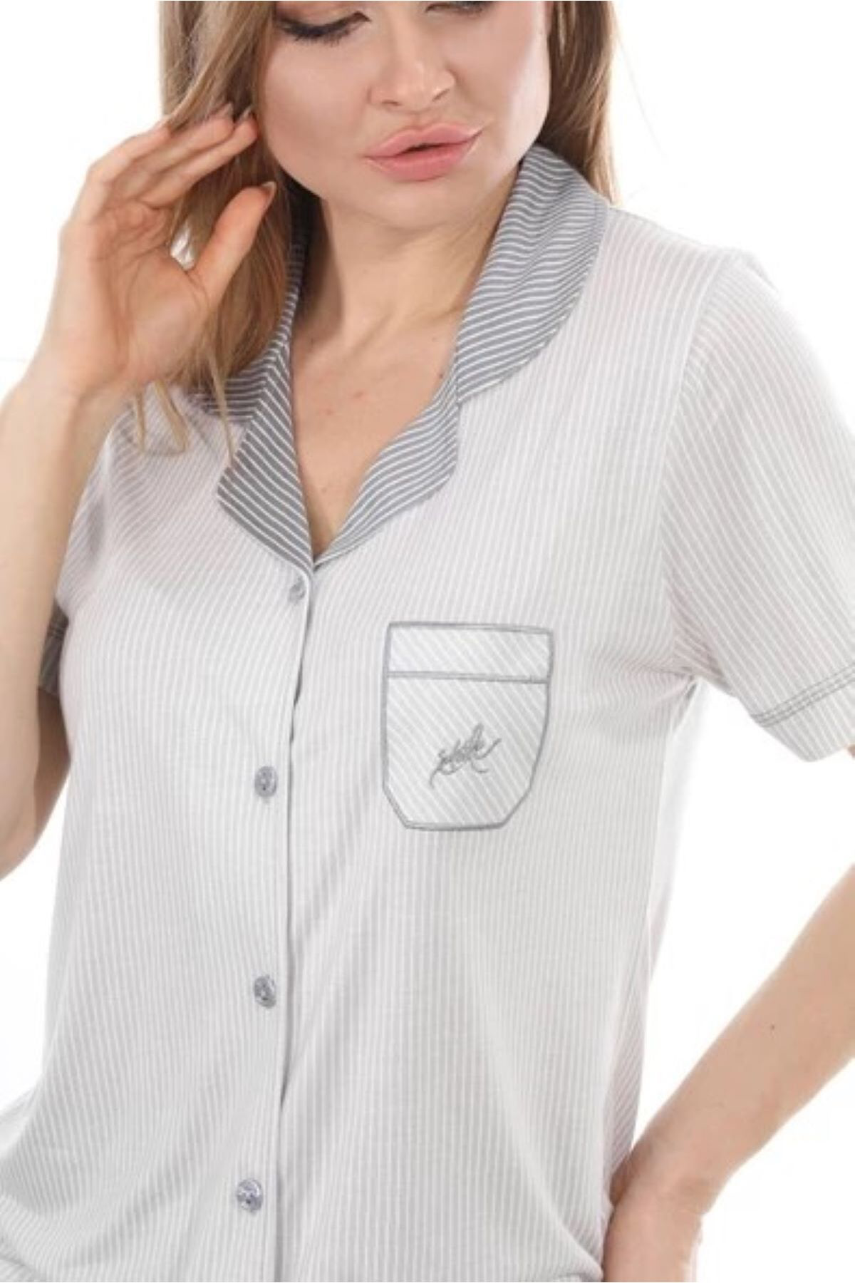 Kısa Kol Düğmeli Bambu Kadın Pijama Takımı