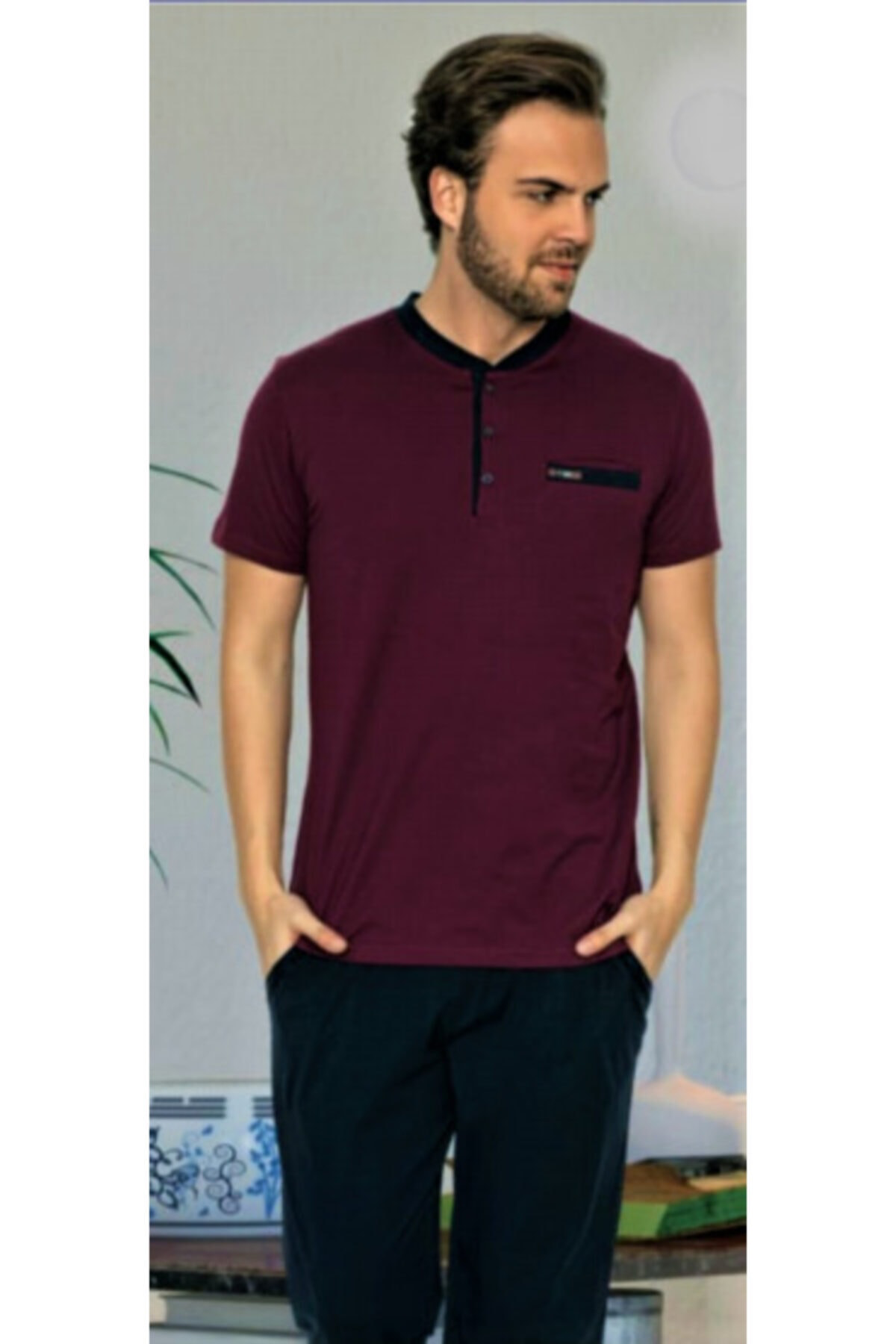 Erse Kısa Kol Erkek Pijama Takımı Bordo