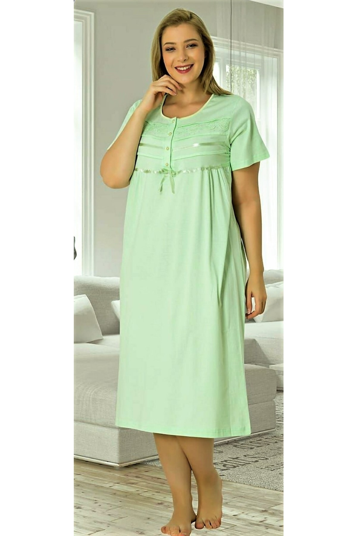 Özalper Kısa Kol Gecelik Anne Geceliği Fıstık Yeşili