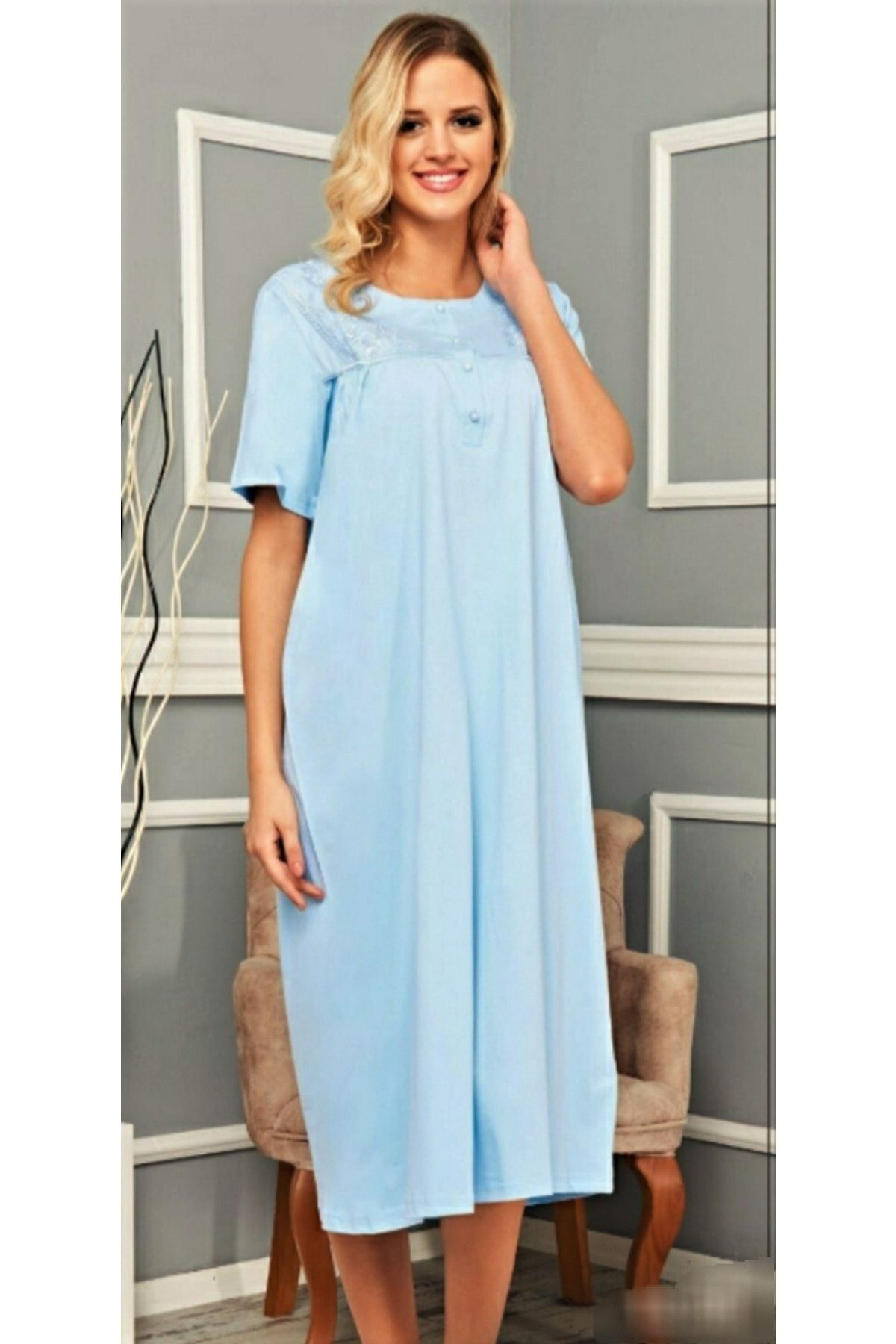 Kısa Kol Gecelik Taşlı Anne Geceliği Mavi