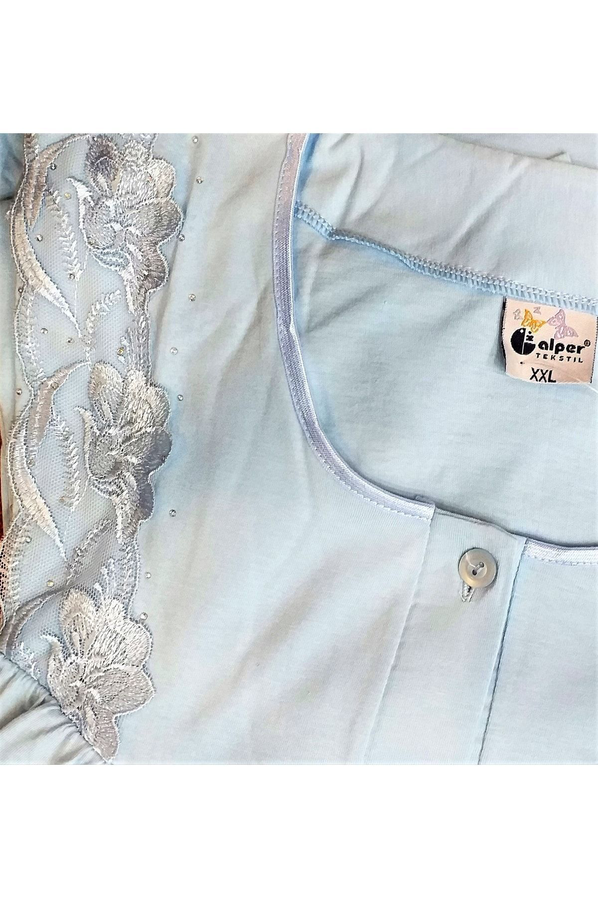 Kısa Kol Gecelik Taşlı Anne Geceliği Mavi