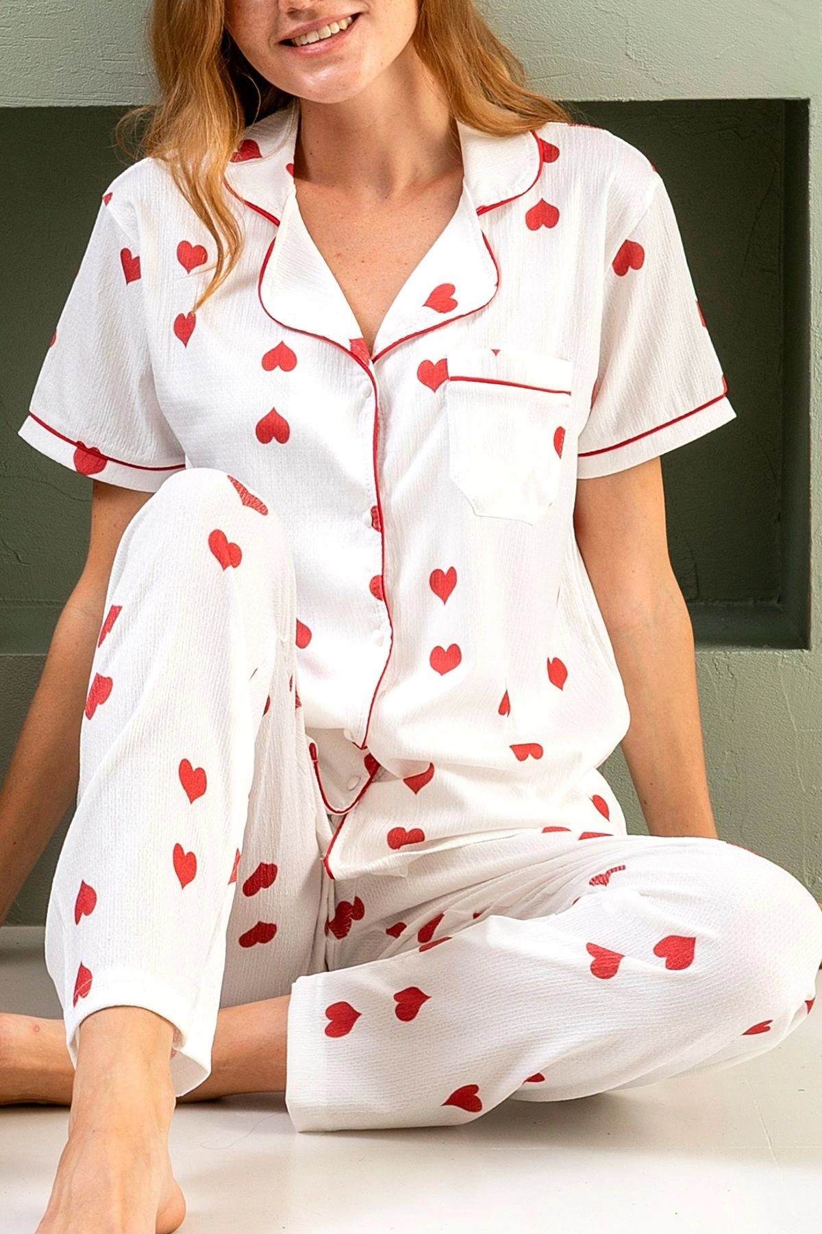 Uzun Kol Gömlek Yaka Kadın Pinterest Pijama Takımı - Mevsimlik Kadın Pijama- Geniş Beden Aral�