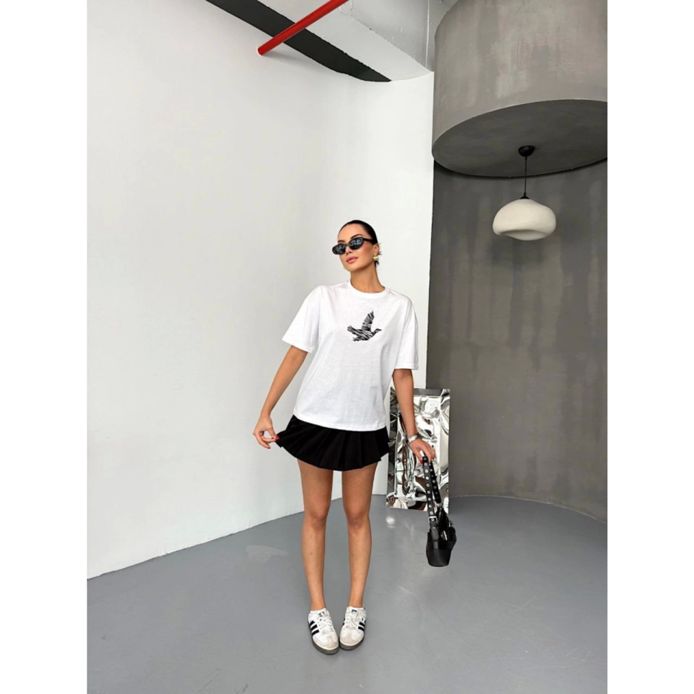 Kısa Kol Lucky Life Kadın Baskılı T-shirt - Beyaz