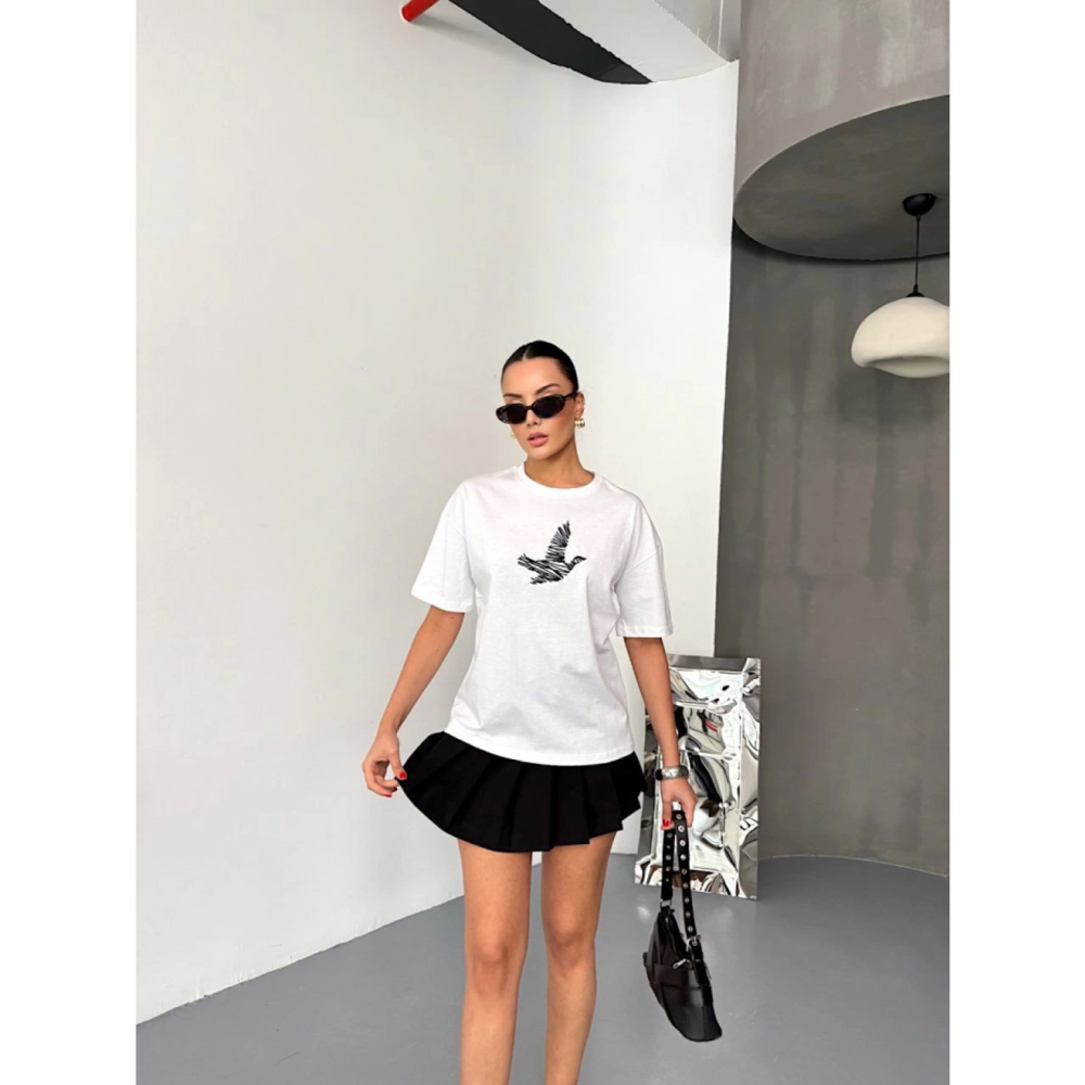 Kısa Kol Lucky Life Kadın Baskılı T-shirt - Beyaz