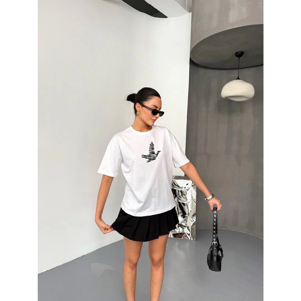 Kısa Kol Lucky Life Kadın Baskılı T-shirt - Beyaz