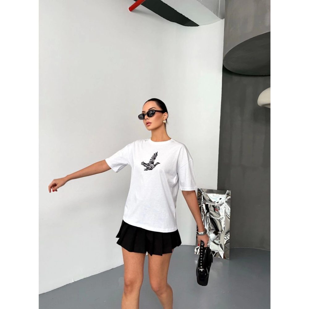 Kısa Kol Lucky Life Kadın Baskılı T-shirt - Beyaz