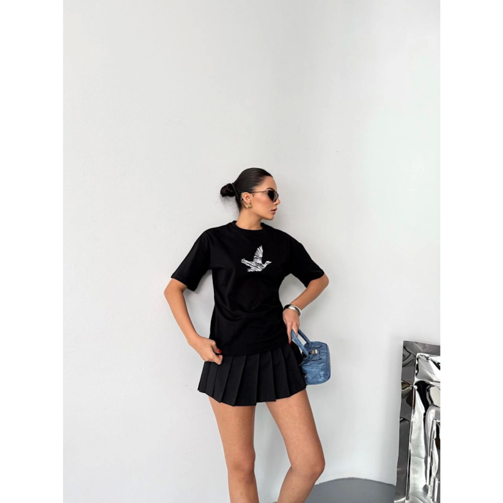 Kısa Kol Lucky Life Kadın Baskılı T-shirt - Siyah