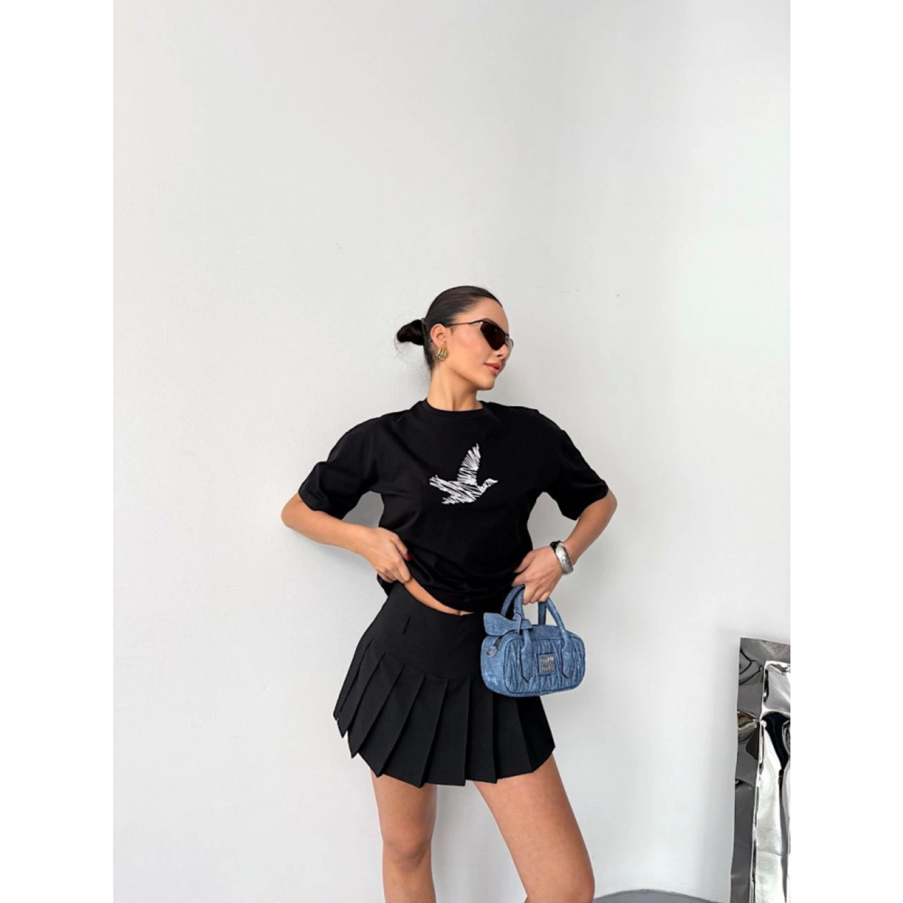 Kısa Kol Lucky Life Kadın Baskılı T-shirt - Siyah