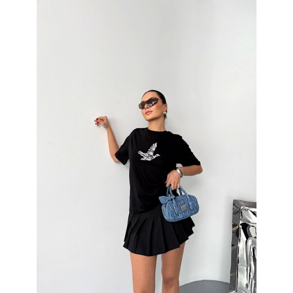 Kısa Kol Lucky Life Kadın Baskılı T-shirt - Siyah