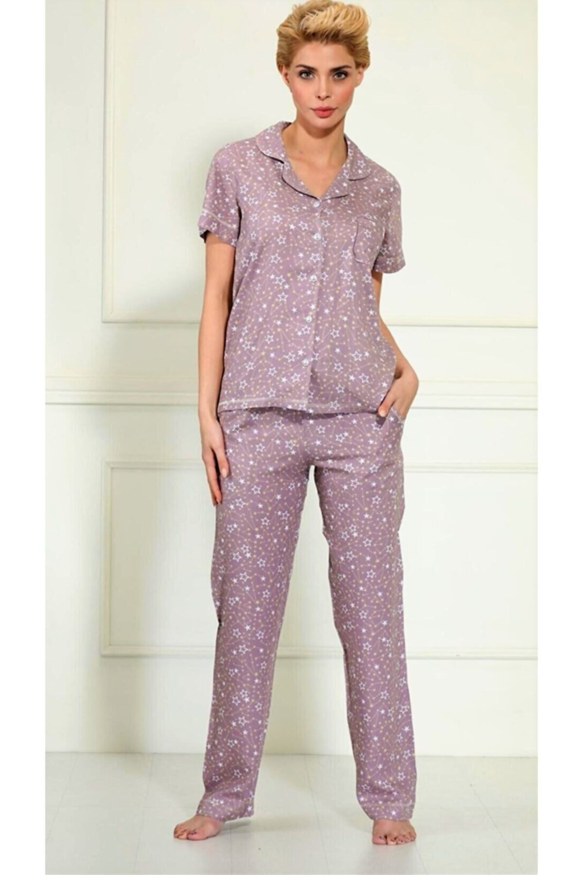 Kısa Kol Önden Düğmeli Pijama Takımı