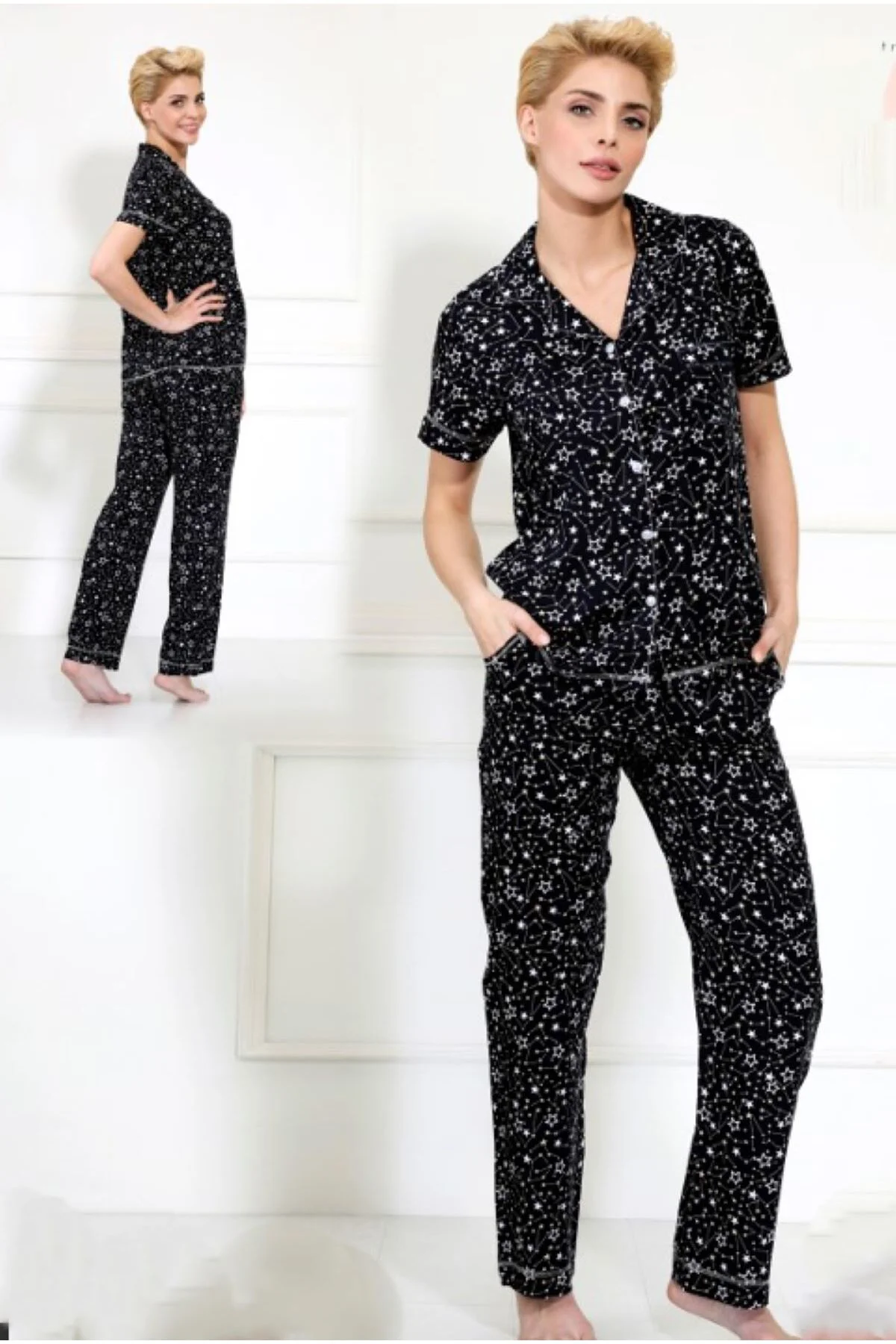 Kısa Kol Önden Düğmeli Pijama Takımı