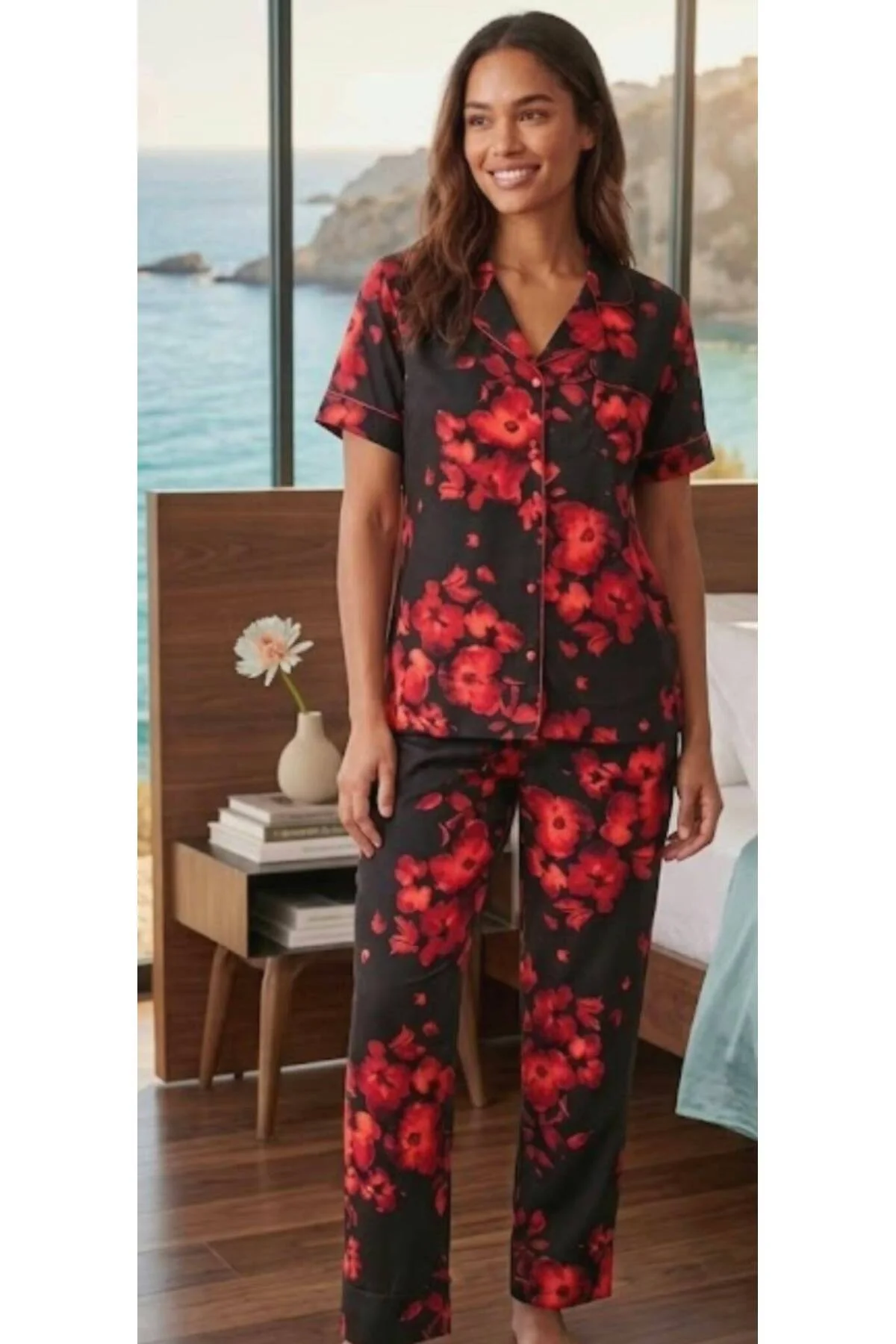 Kısa Kol Pamuk Saten Kadın Pijama Takımı Siyah
